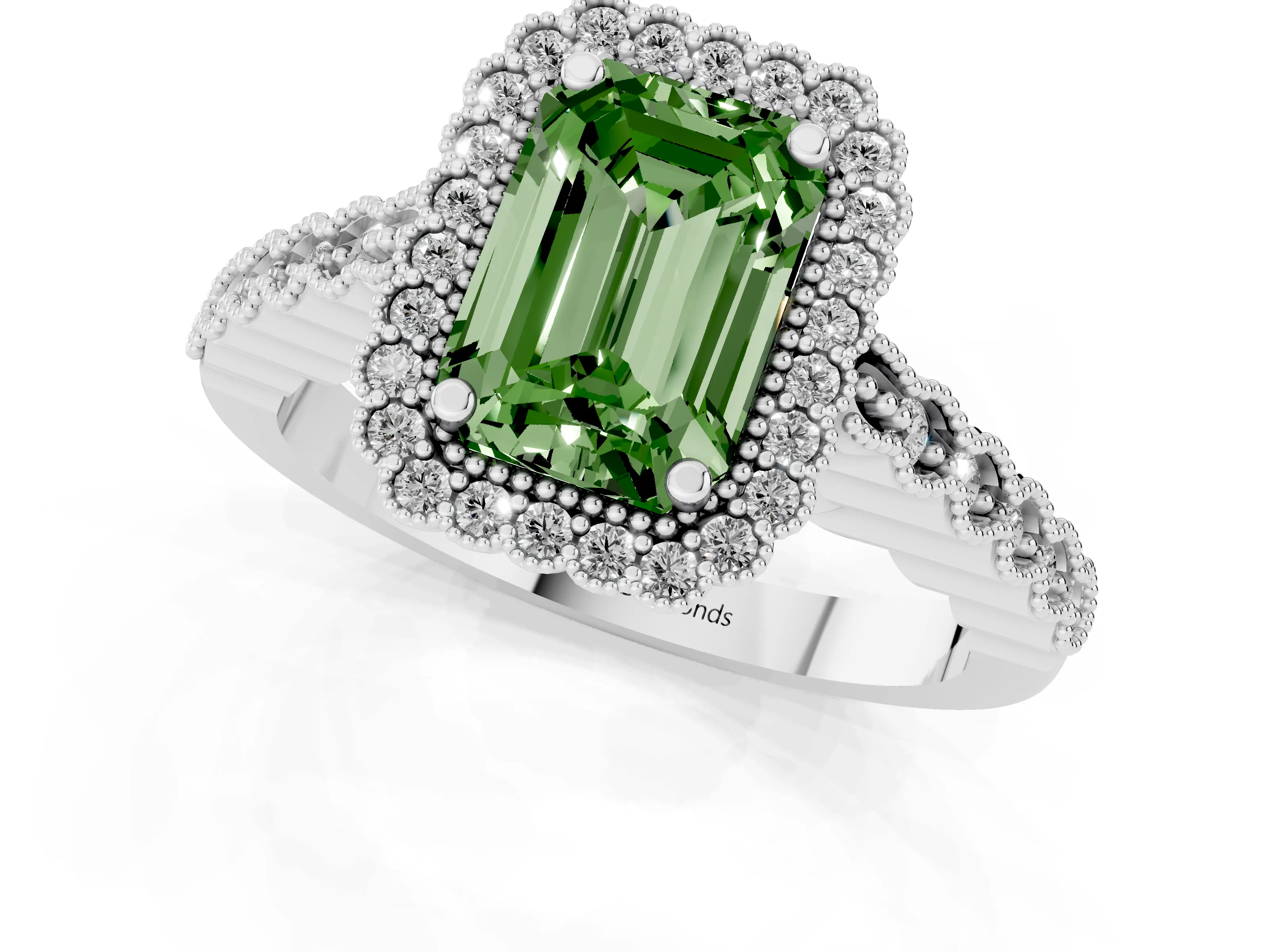 Fancy Green Emerald Cut Diamond Halo Ring Set in White gold with Pavé Milgrain Band