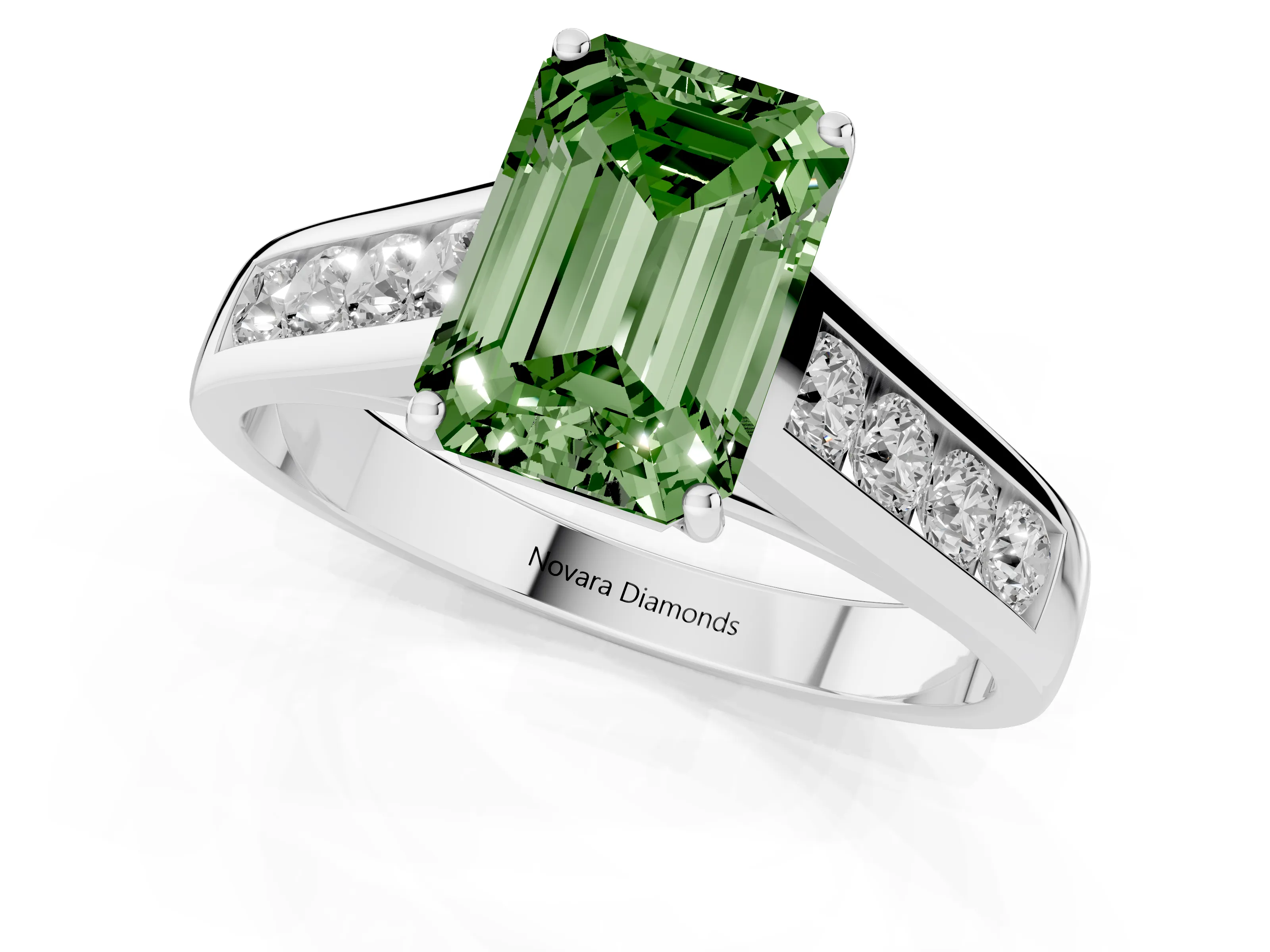 Fancy Green Emerald Cut Diamond Brilliant Channel-Set Solitaire Ring Set in Silver with Prong Setting