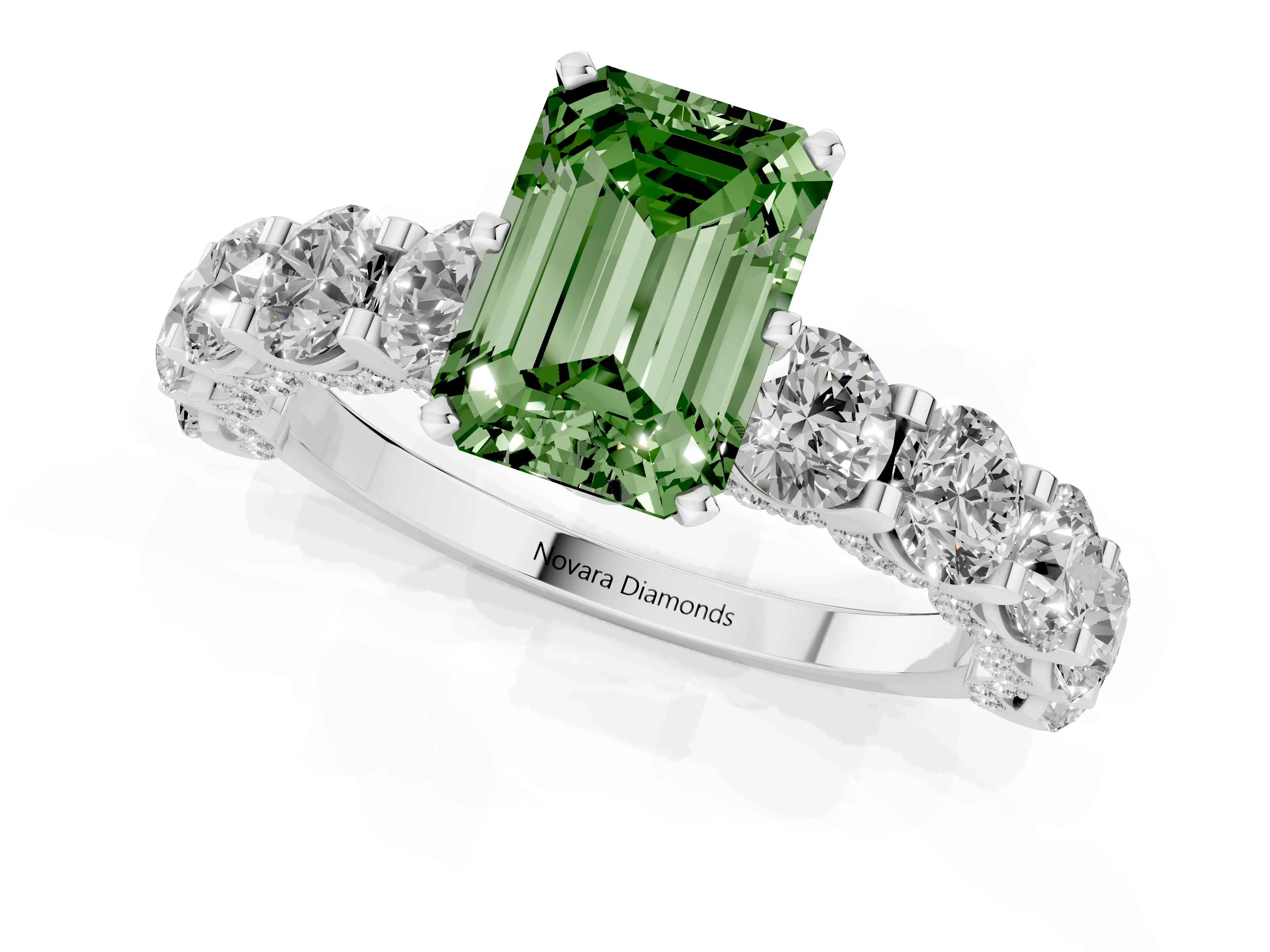 Fancy Green Emerald Cut Diamond Side Stone Ring Set in Silver with Alternating Round and Oval Side Stones – second view