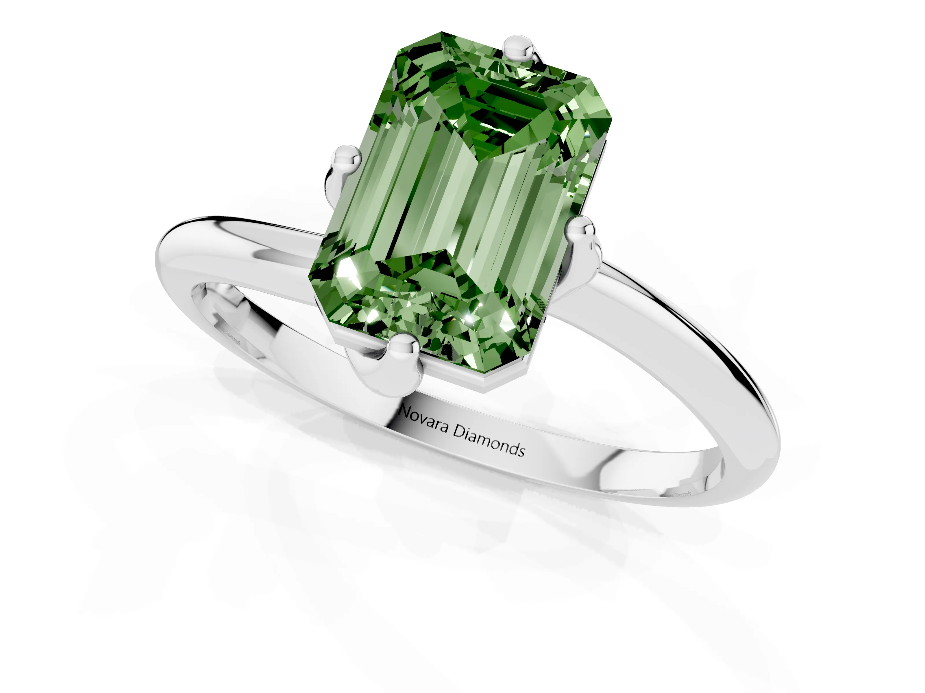 Fancy Green Emerald Cut Diamond Solitaire Engagement Ring Set in White gold with Classic Plain Band