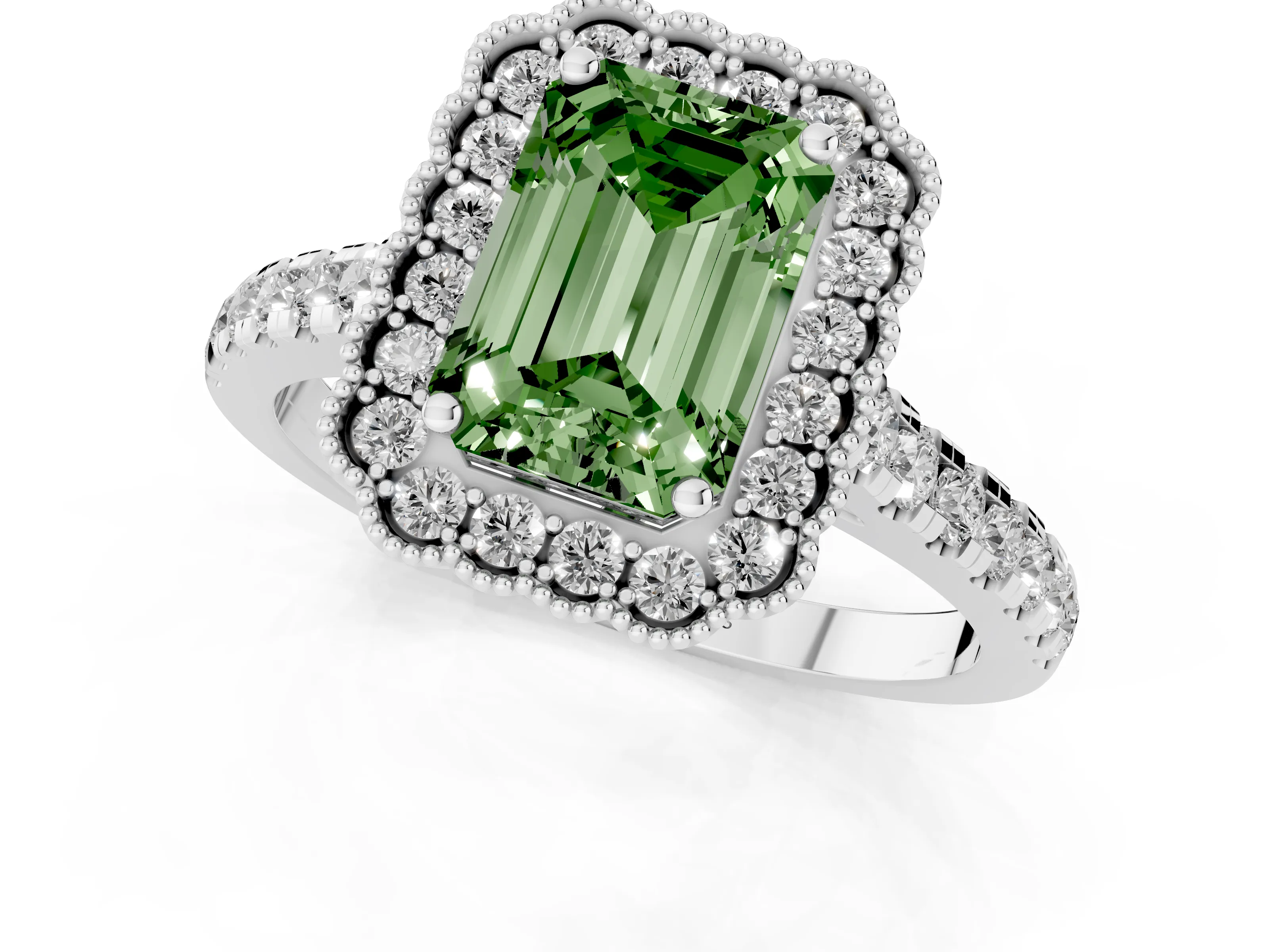 Fancy Green Emerald Cut Diamond Milgrain Floral Halo Engagement Ring Set in White gold with Pavé Band