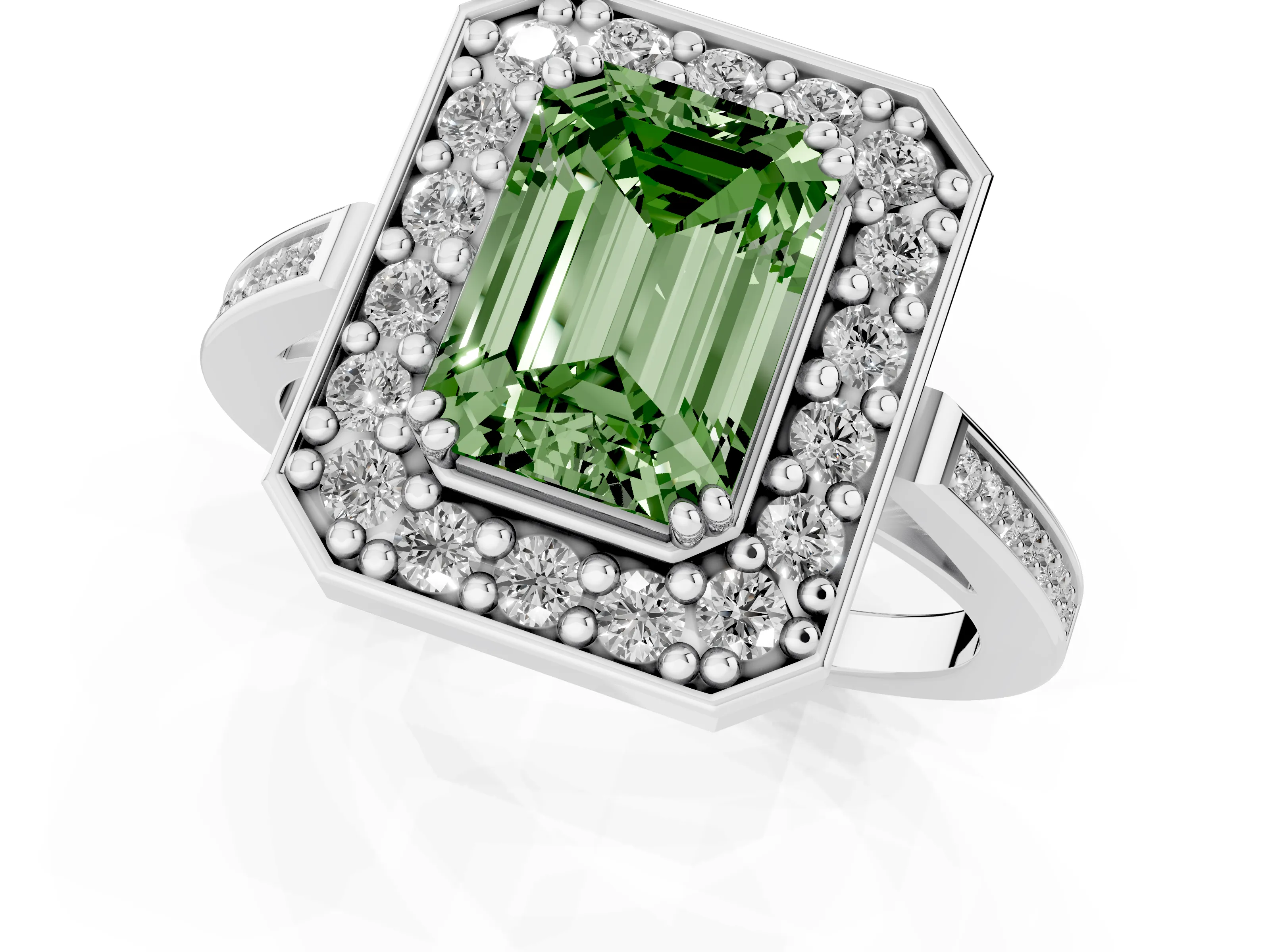 Fancy Green Emerald Cut Diamond Halo Ring Set in White gold with Accent-Lined Split Shank and Prong Setting