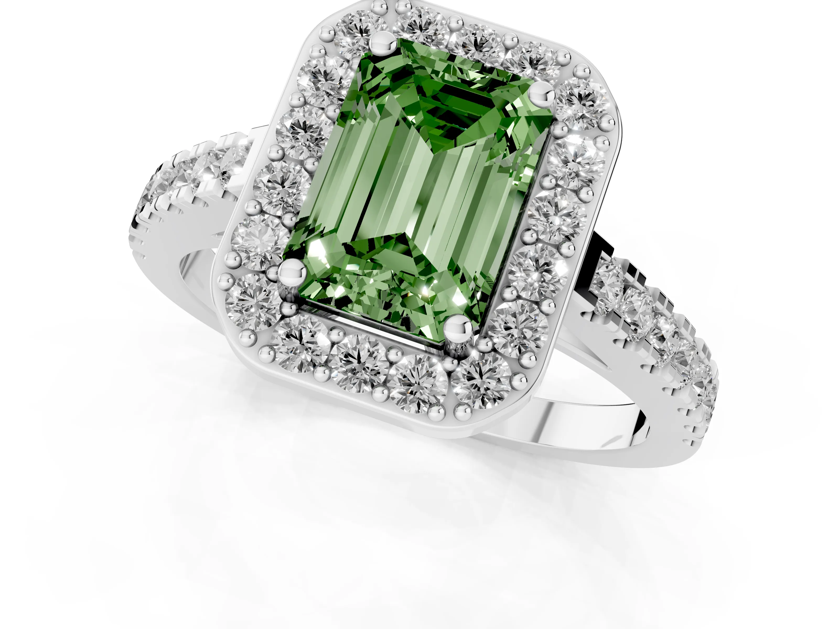 Fancy Green Emerald Cut Diamond Halo Ring Set in White gold with Round Pavé Split Shank and Prong Setting