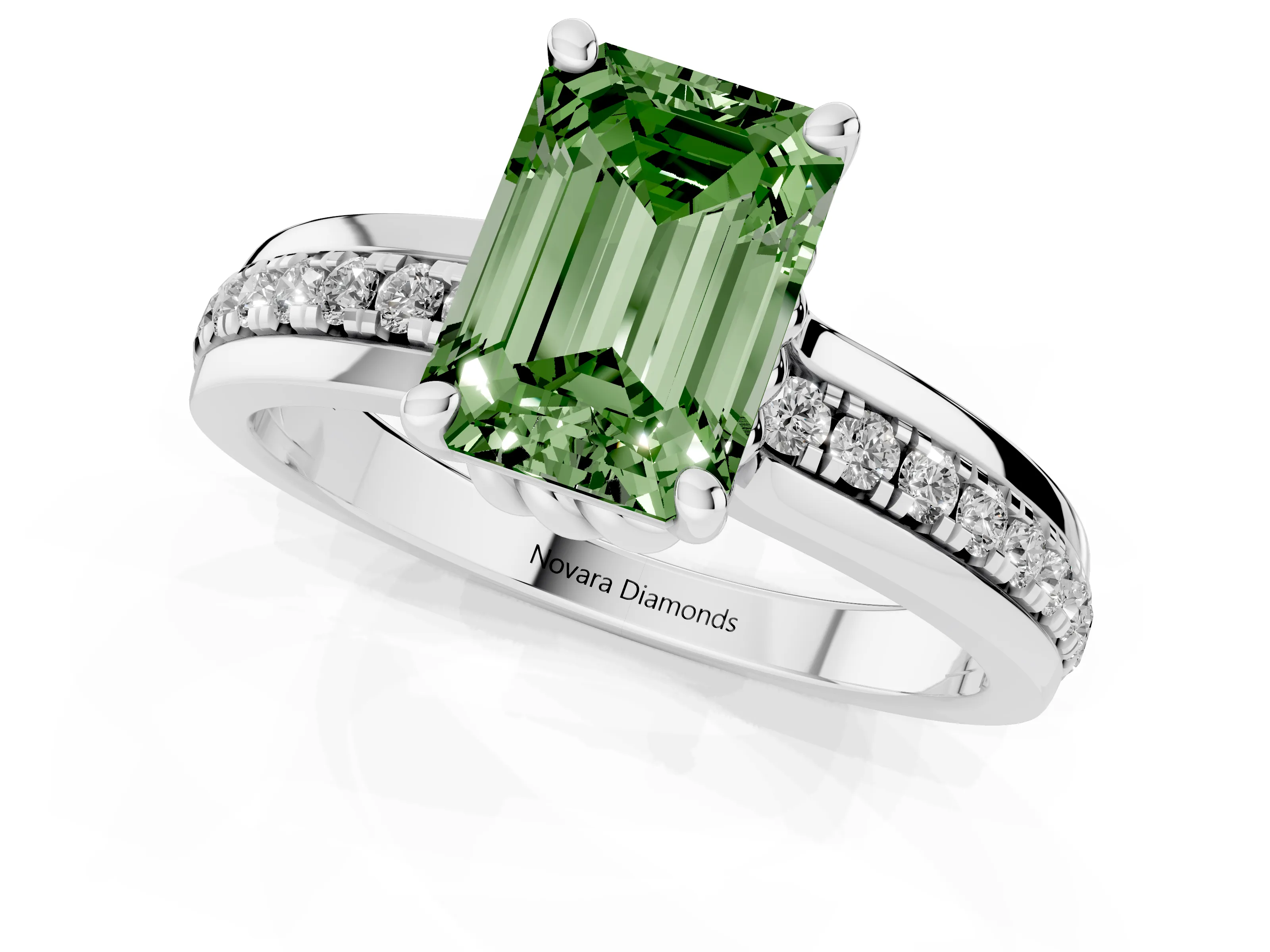 Fancy Green Emerald Cut Diamond Solitaire Ring Set in Silver with Channel Set Band and Prong Setting
