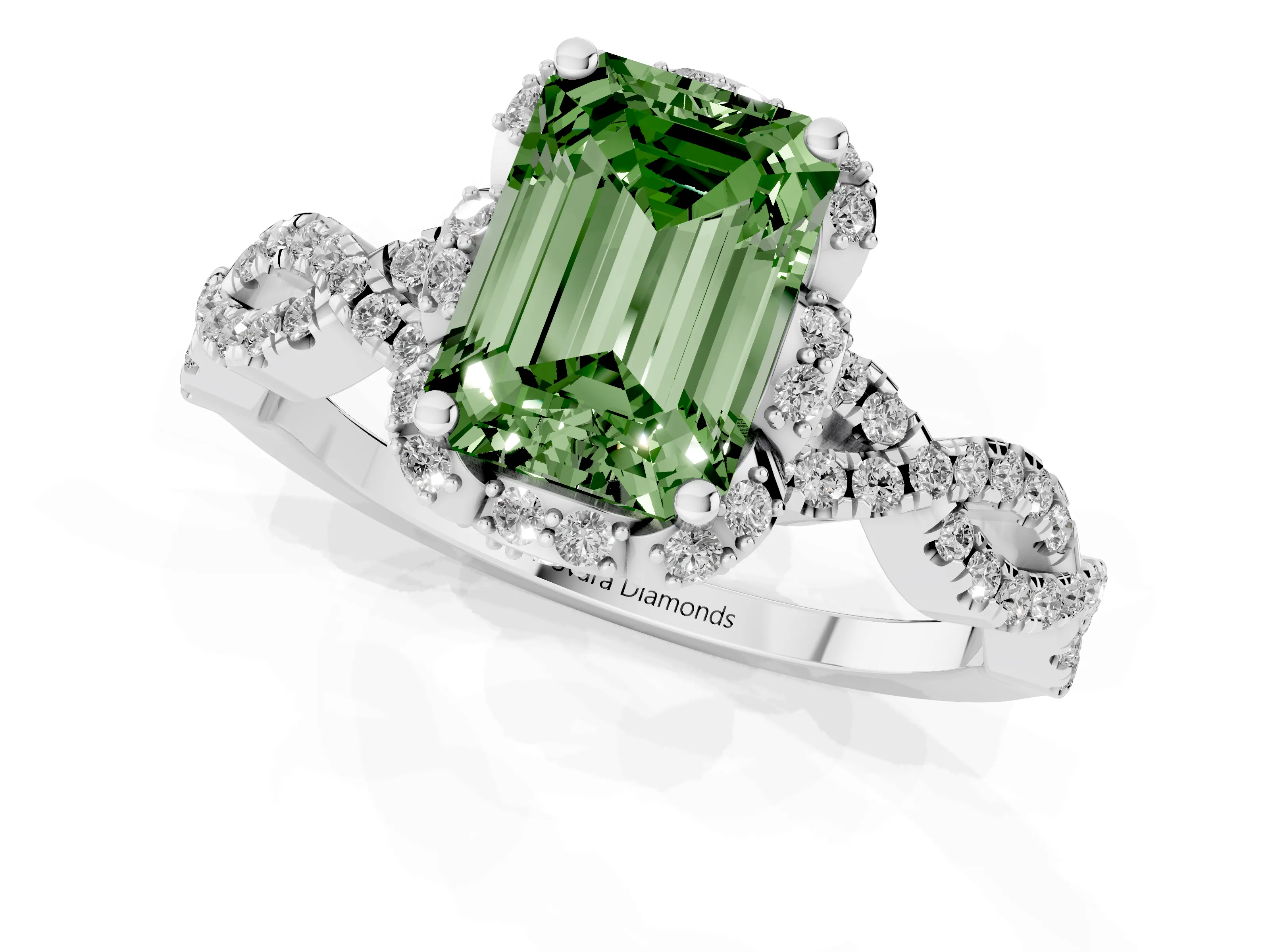 Fancy Green Emerald Cut Diamond Halo Twist Band Solitaire Ring Set in White gold with Prong-Set Center Stone