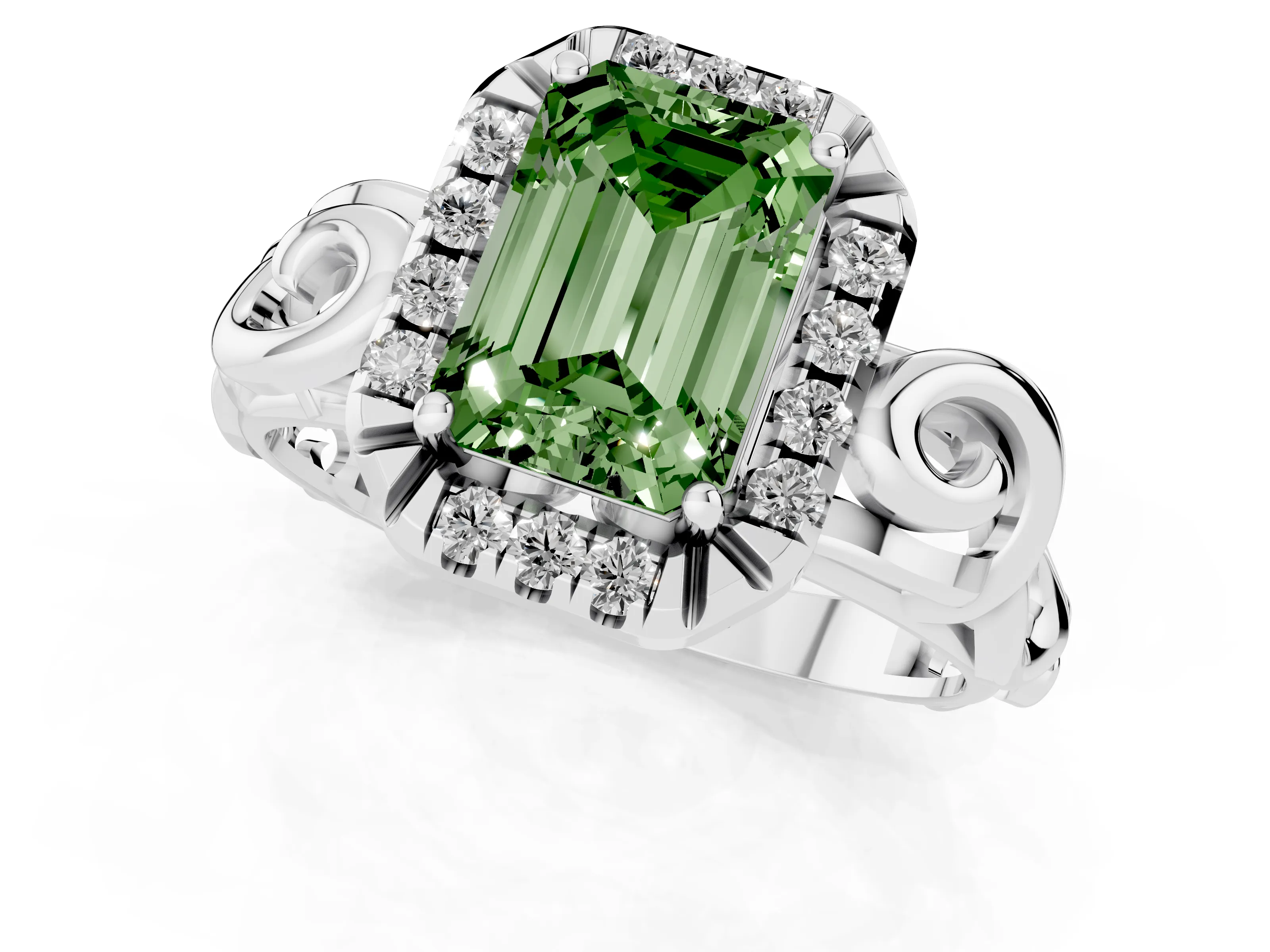 Fancy Green Emerald Cut Diamond Halo Ring Set in Platinum with Scrollwork Band and Prong Setting