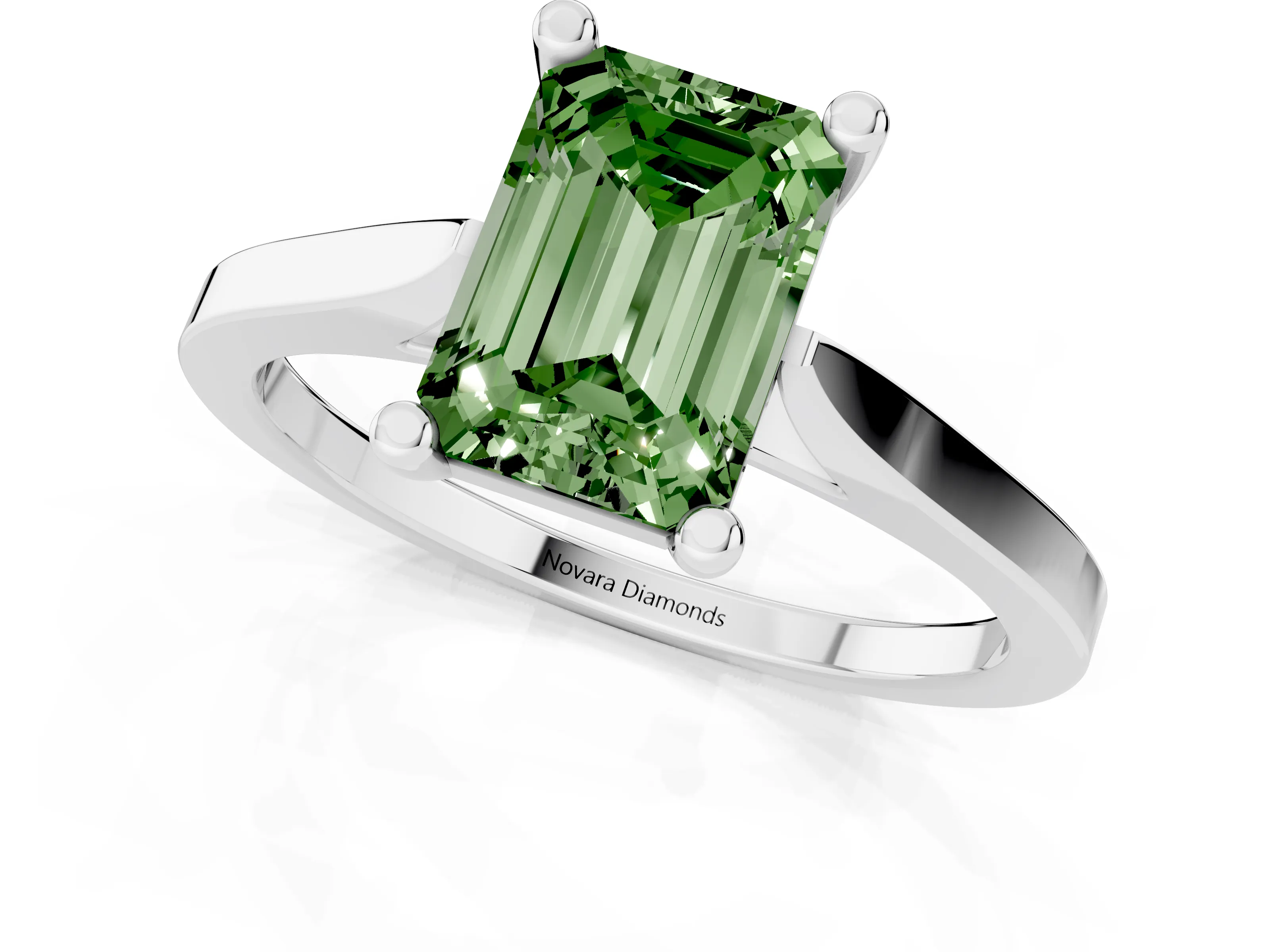 Fancy Green Emerald Cut Diamond Solitaire Ring Set in Silver with Prong Setting and Tapered Band