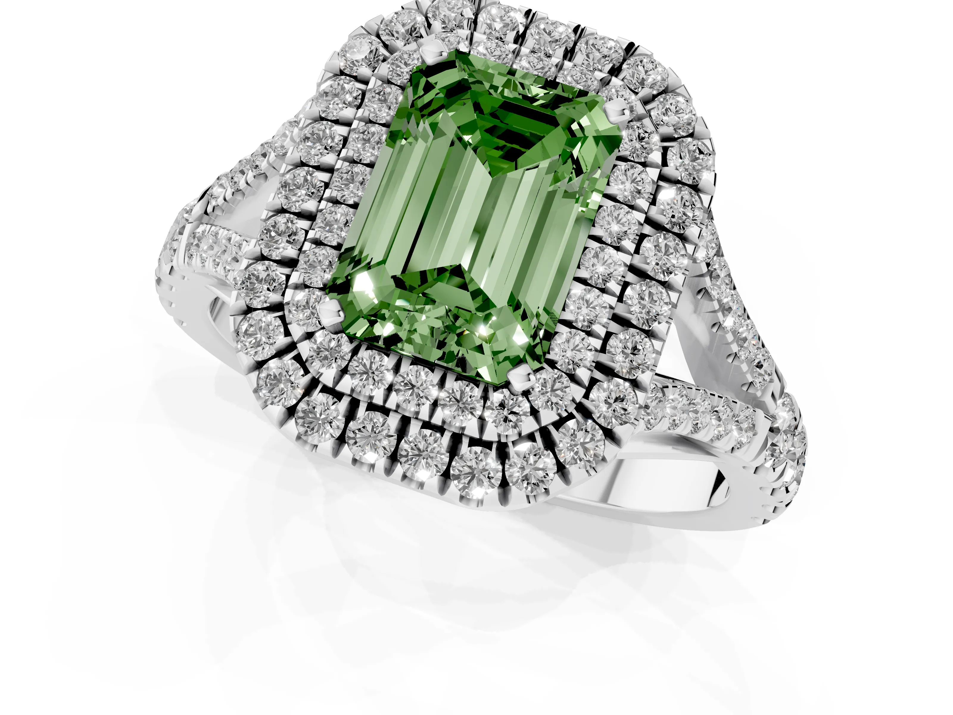 Fancy Green Emerald Cut Diamond Pavé Split Shank Double Halo Engagement Ring Set in White gold