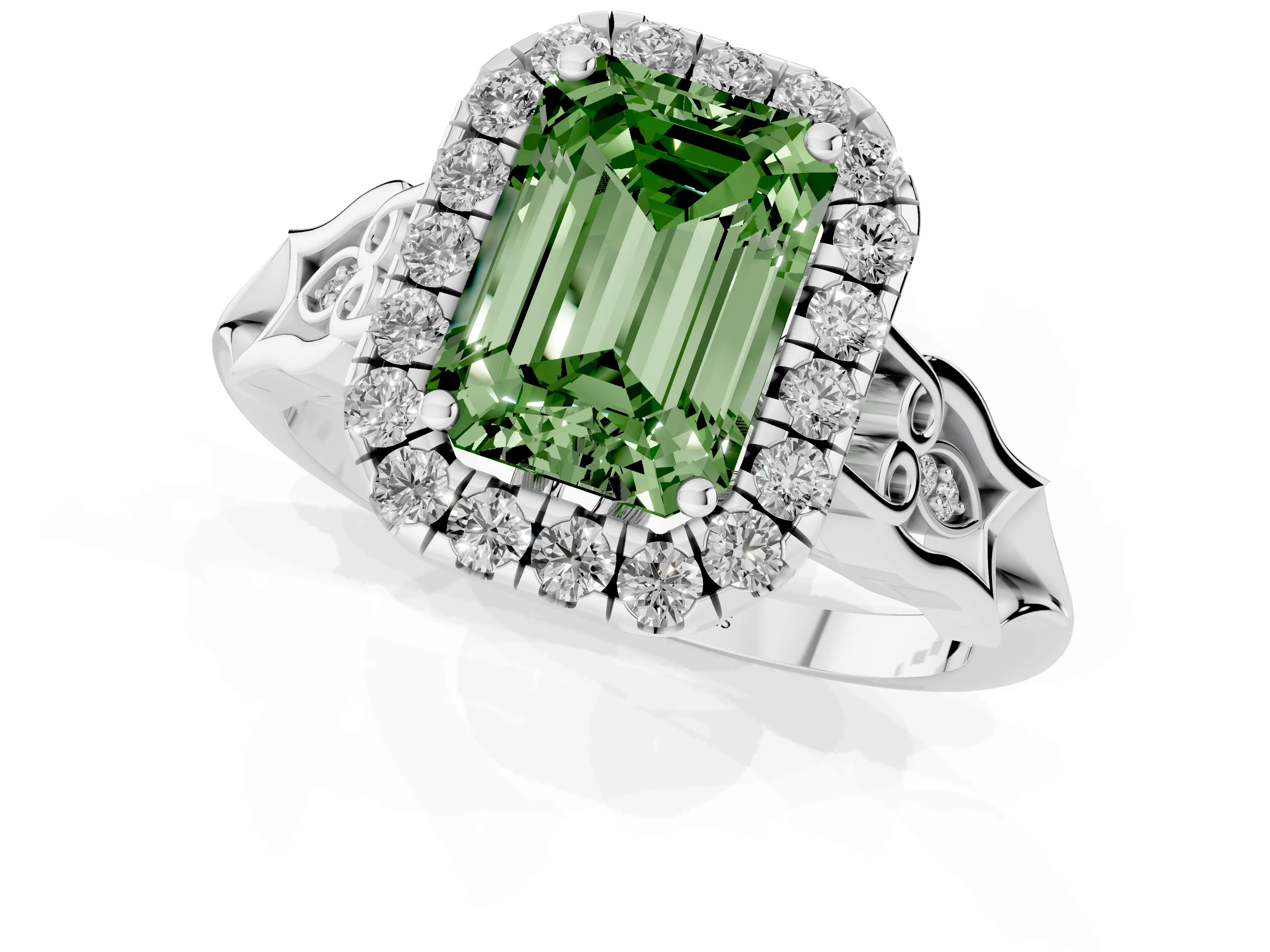 Fancy Green Emerald Cut Diamond Halo Engagement Ring Set in Platinum with Filigree Band and Prong-Set Center