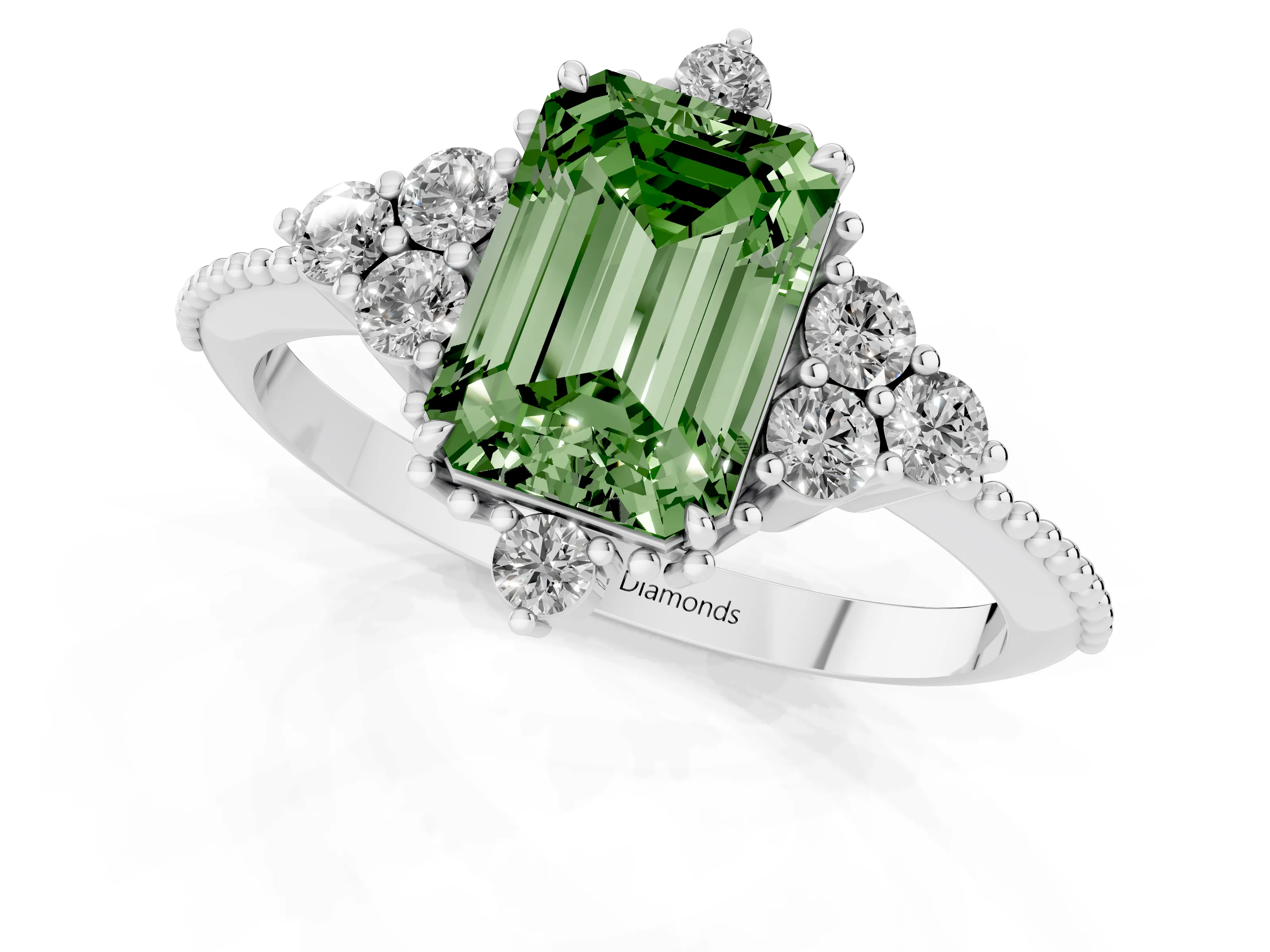 Fancy Green Emerald Cut Diamond Cluster Ring Set in Silver with Beaded Band
