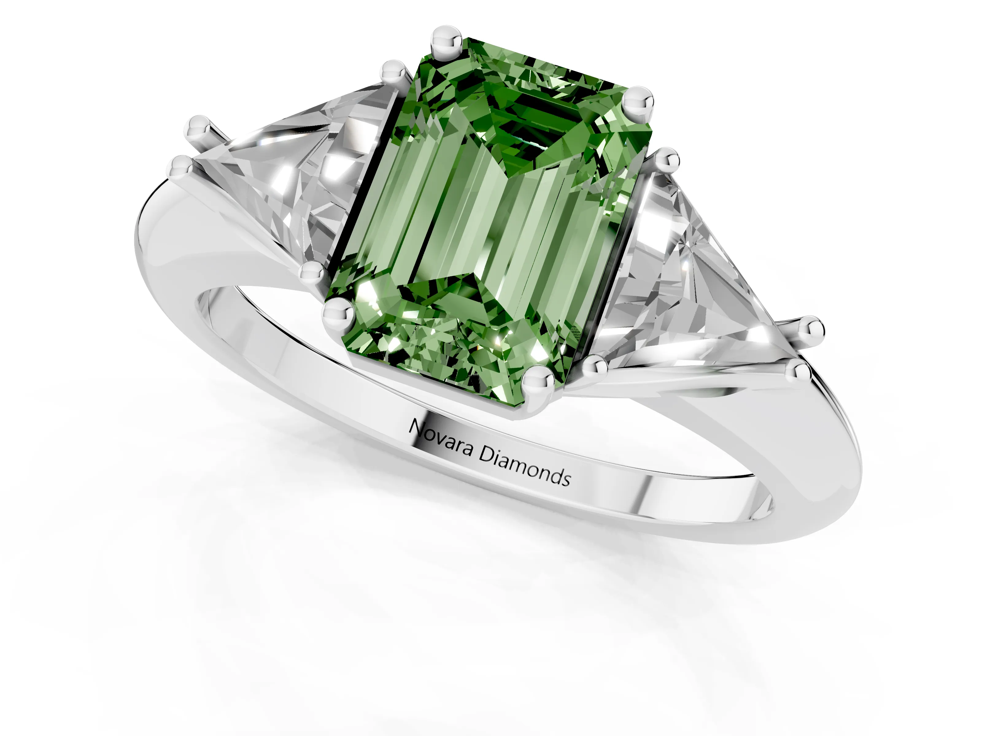 Fancy Green Emerald Cut Diamond Three-Stone Engagement Ring Set in Platinum with Trillion Side Stones
