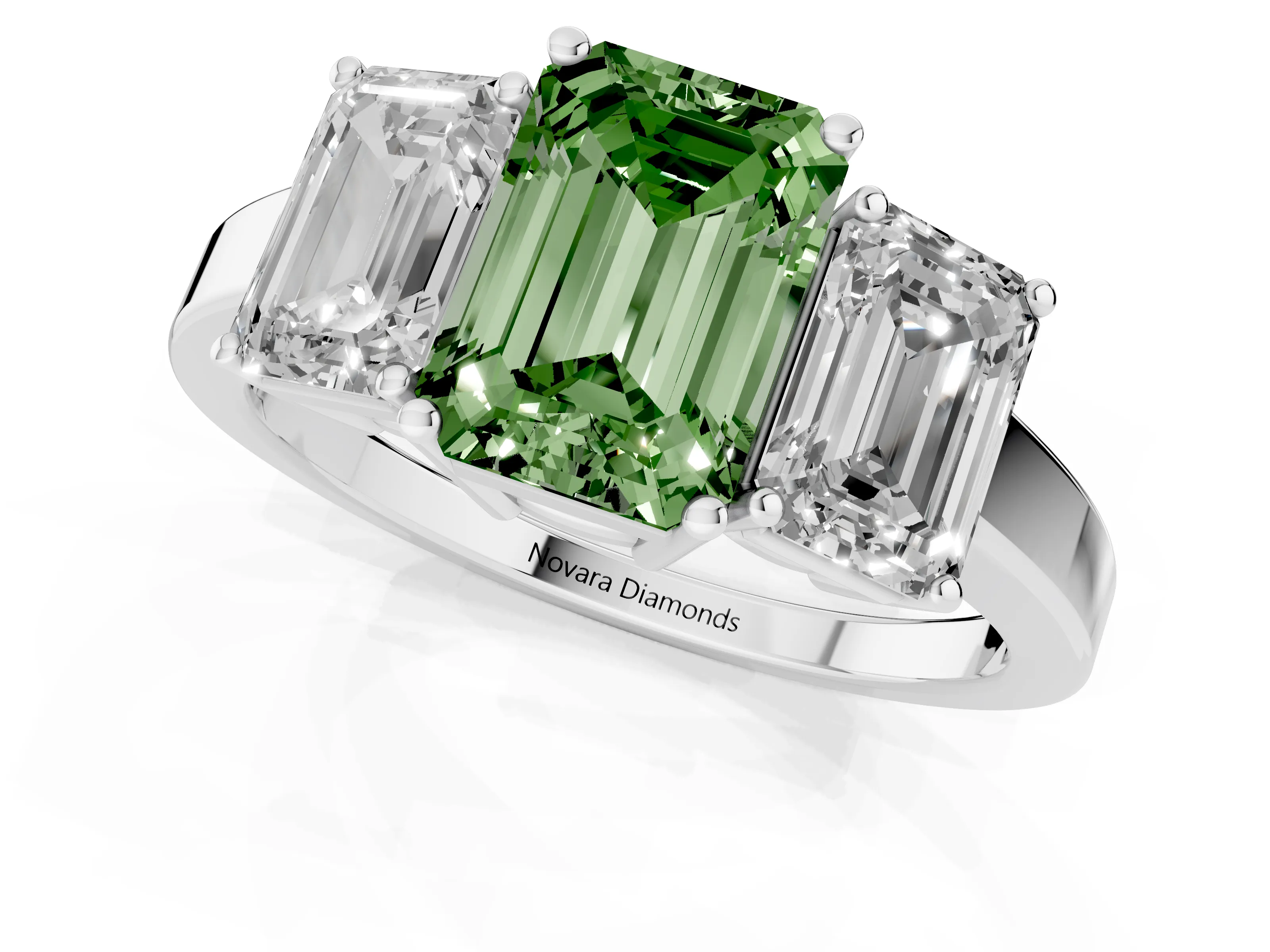 Fancy Green Emerald Cut Diamond Three-Stone Engagement Ring Set in Silver with Flat Band