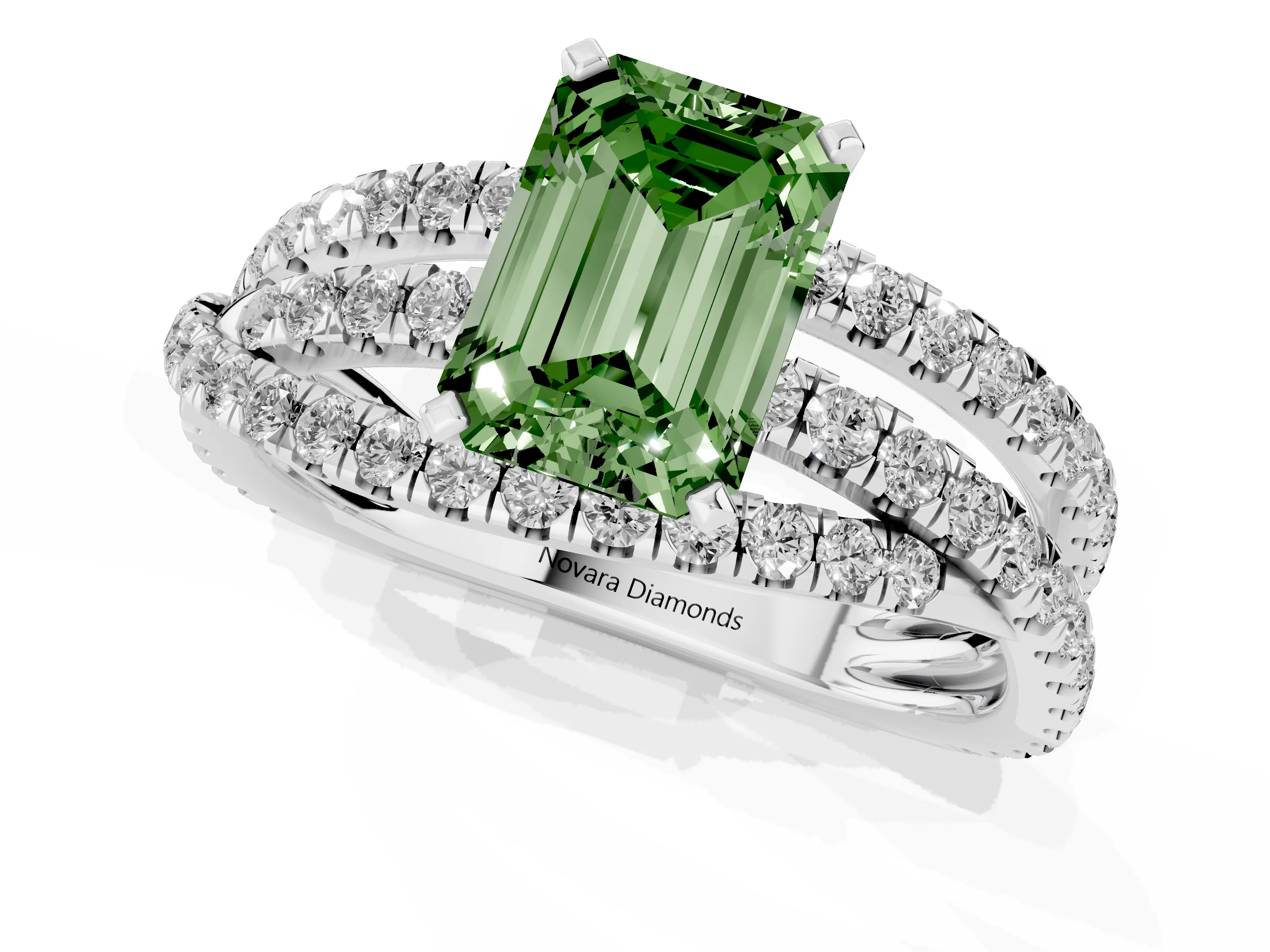 Fancy Green Emerald Cut Diamond Solitaire Twist Band Ring Set in Silver with Pavé Setting and Prong Head