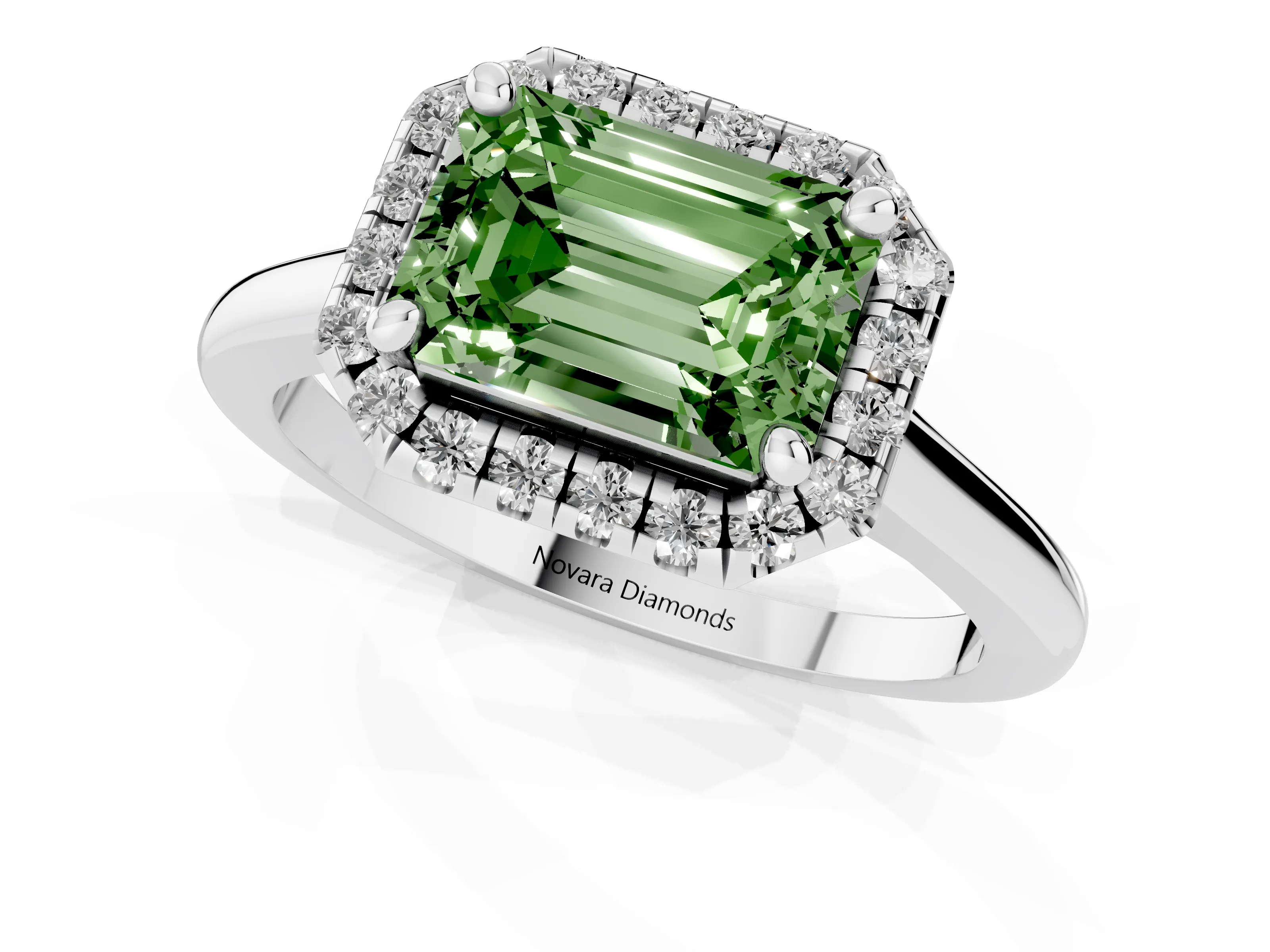 Fancy Green Emerald Cut Diamond Halo Engagement Ring Set in White gold with Pavé Band and Rising Shoulders