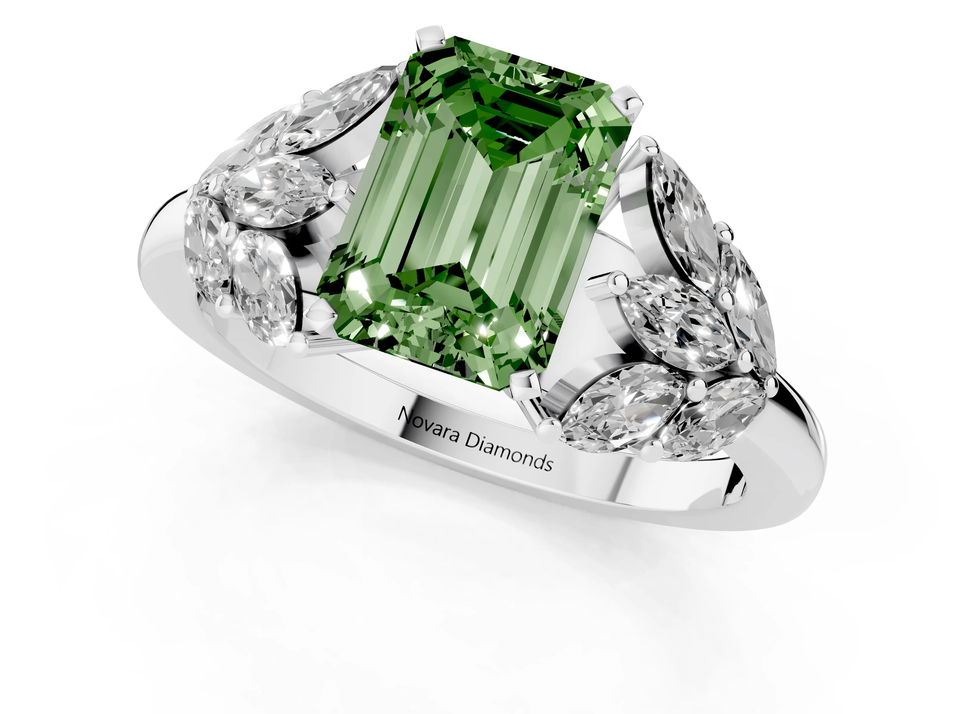 Fancy Green Emerald Cut Diamond Cluster Leaf Design Ring Set in Platinum with Prong Setting