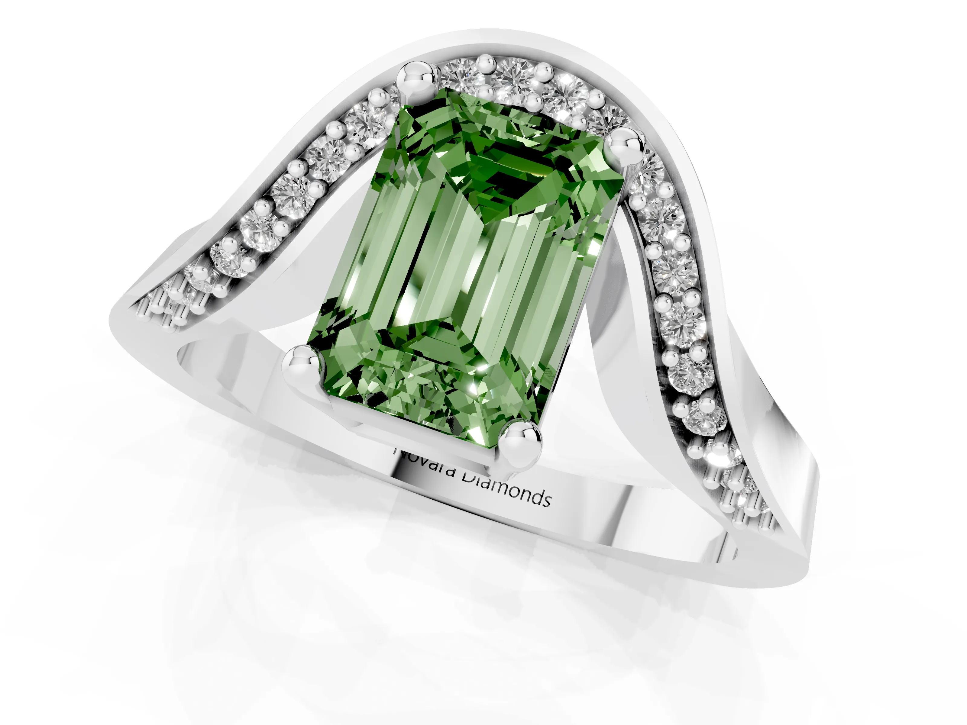 Fancy Green Emerald Cut Diamond Solitaire Engagement Ring Set in Silver with Pavé Shoulders