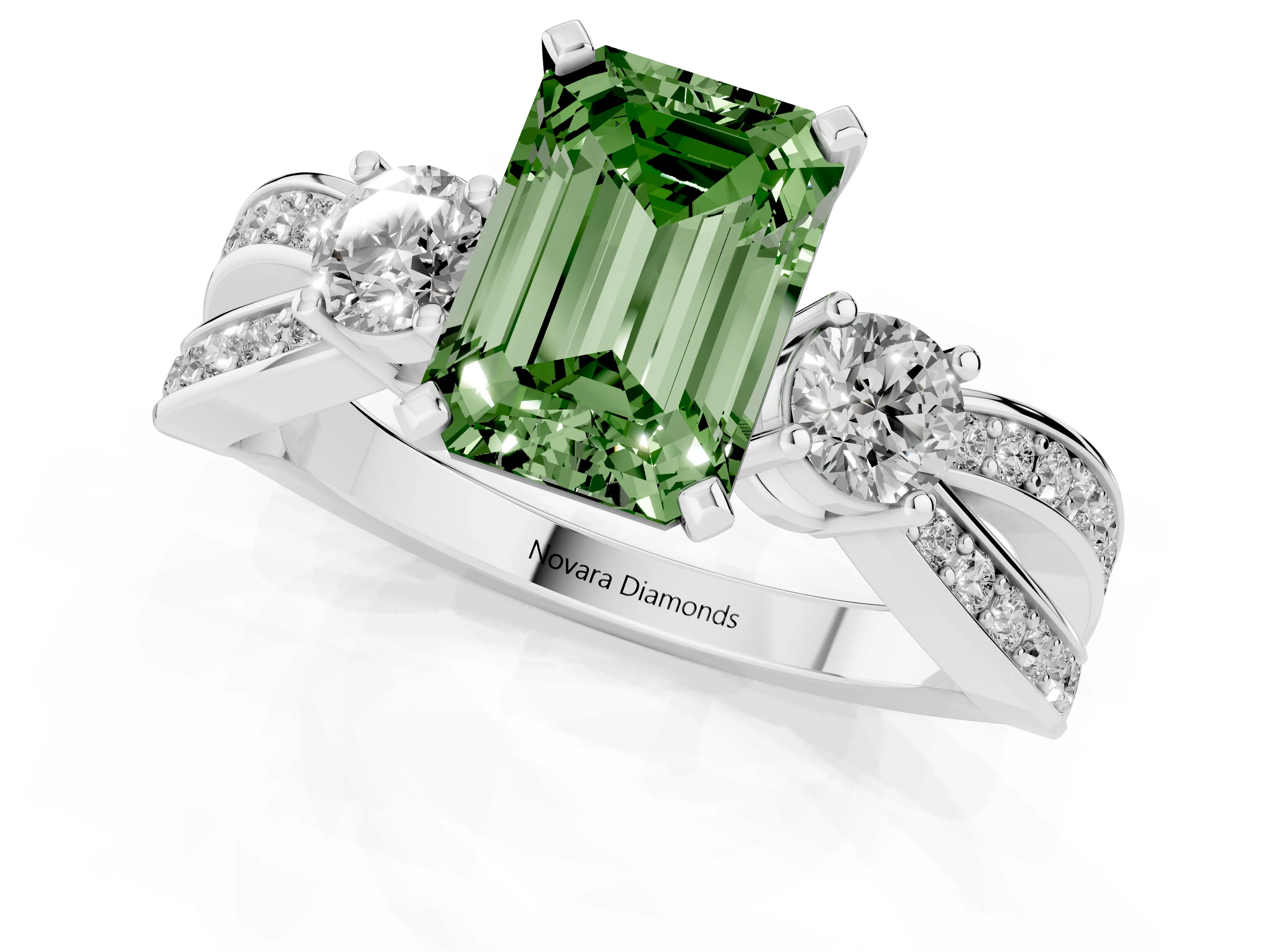 Fancy Green Three-Stone Emerald Cut Diamond Twist Band Ring Set in White gold with Pavé Accents and Prong Setting