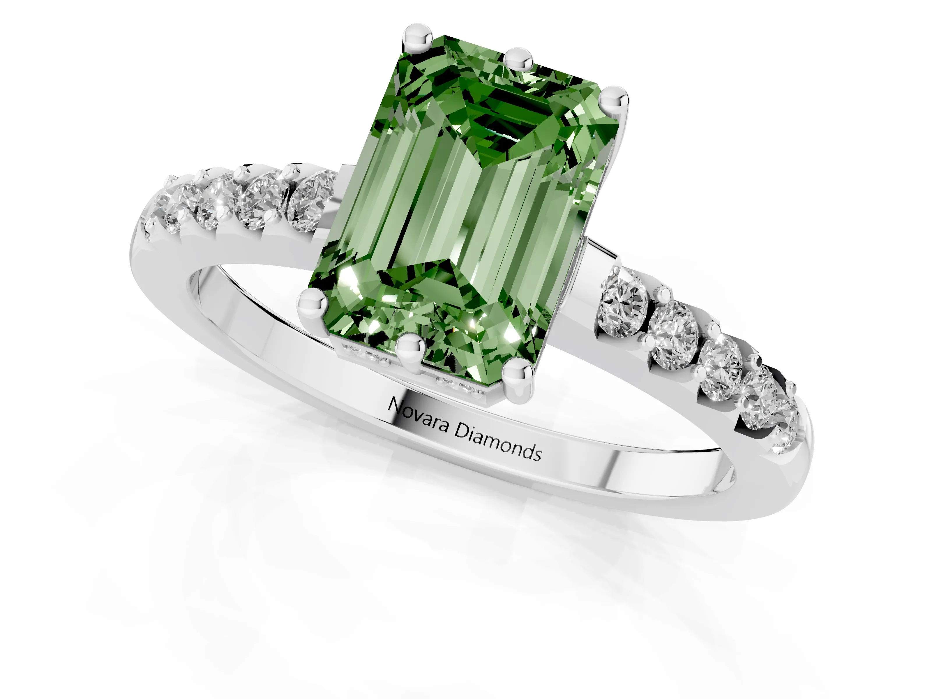 Fancy Green Emerald Cut Diamond Solitaire Engagement Ring Set in White gold with Pavé Band and Prong Setting