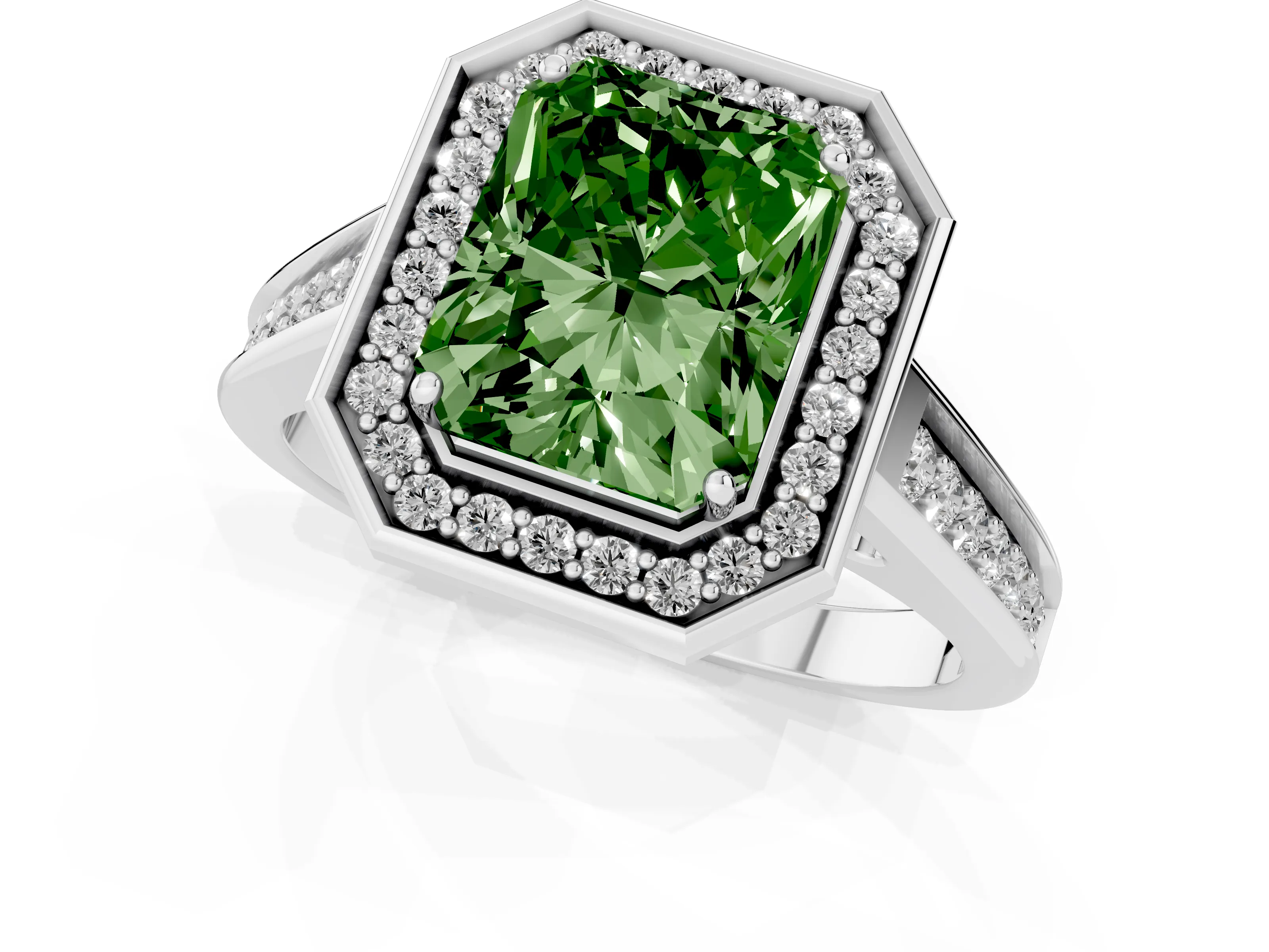Fancy Green Emerald Cut Diamond Halo Solitaire Ring Set in Platinum with Pavé Band and Bezel Setting