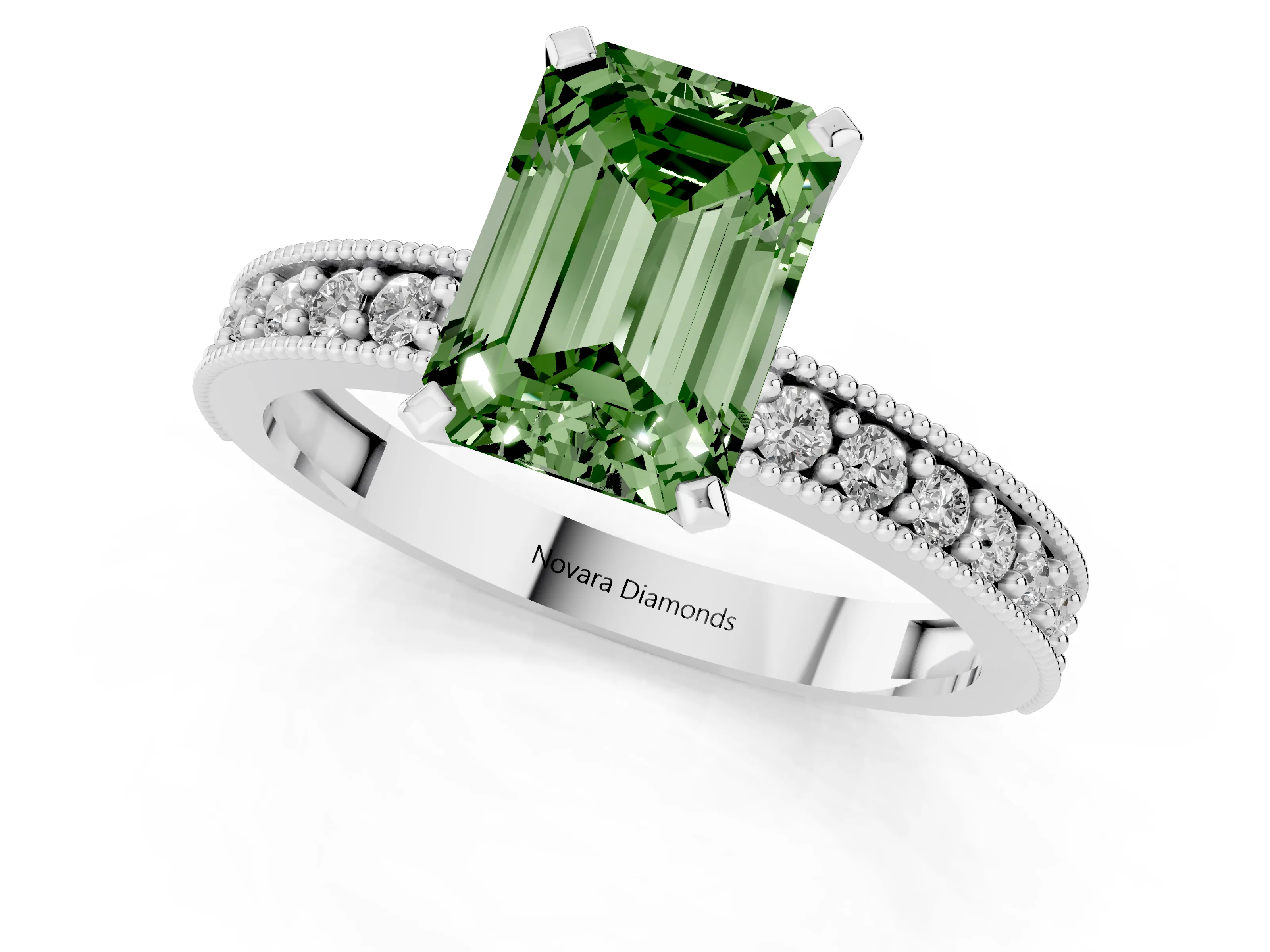 Fancy Green Emerald Cut Diamond Milgrain Pavé Engagement Ring Set in White gold with Prong Setting – second view
