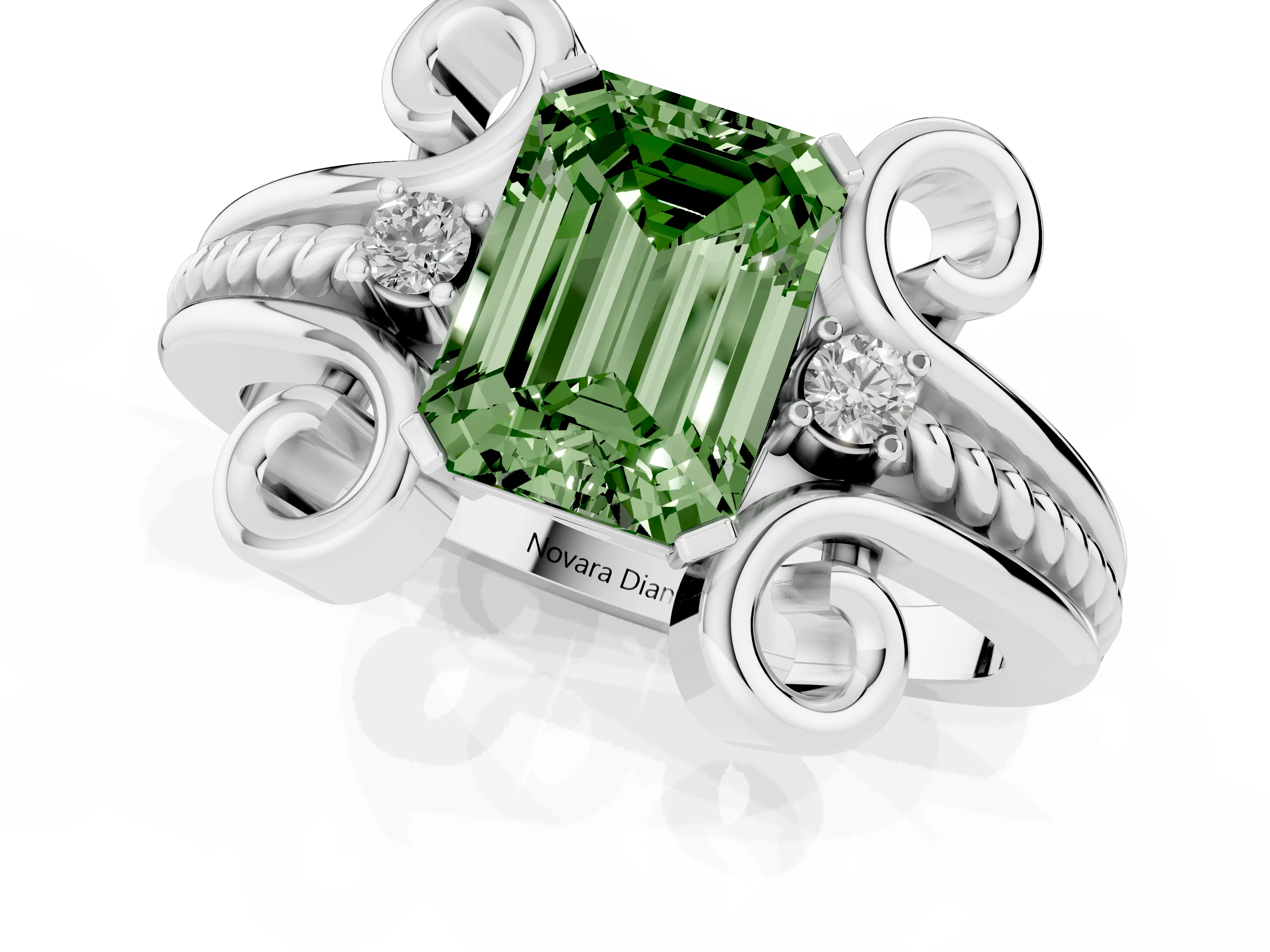 Fancy Green Emerald Cut Diamond Twisted Band Solitaire Ring Set in Platinum with Scroll Prongs