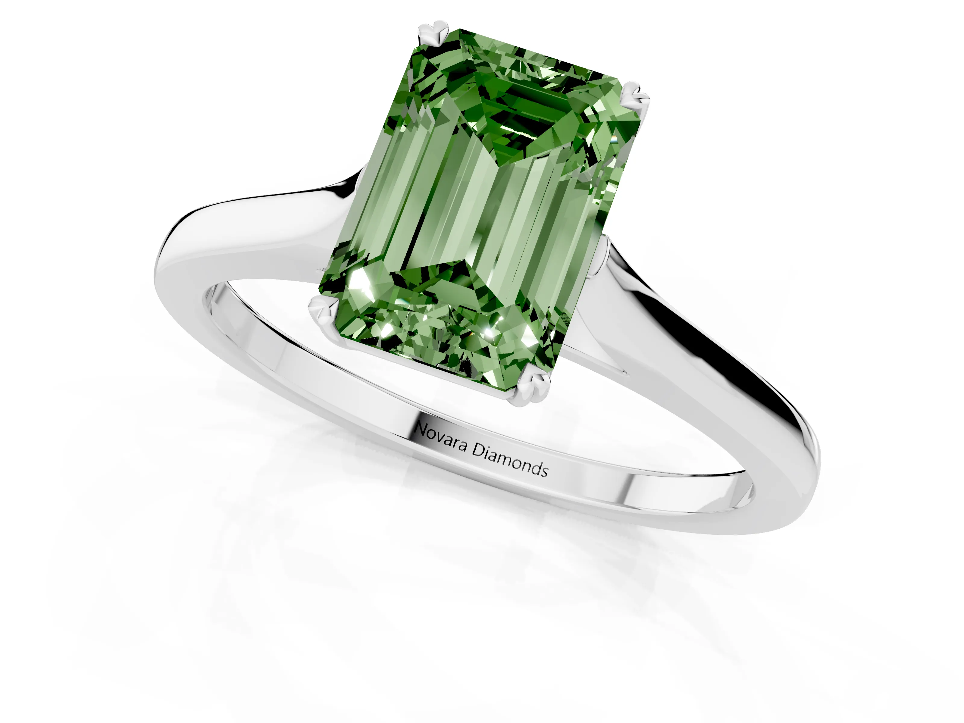 Fancy Green Emerald Cut Diamond Solitaire Heart Prong Engagement Ring Set in Platinum with Tapered Band