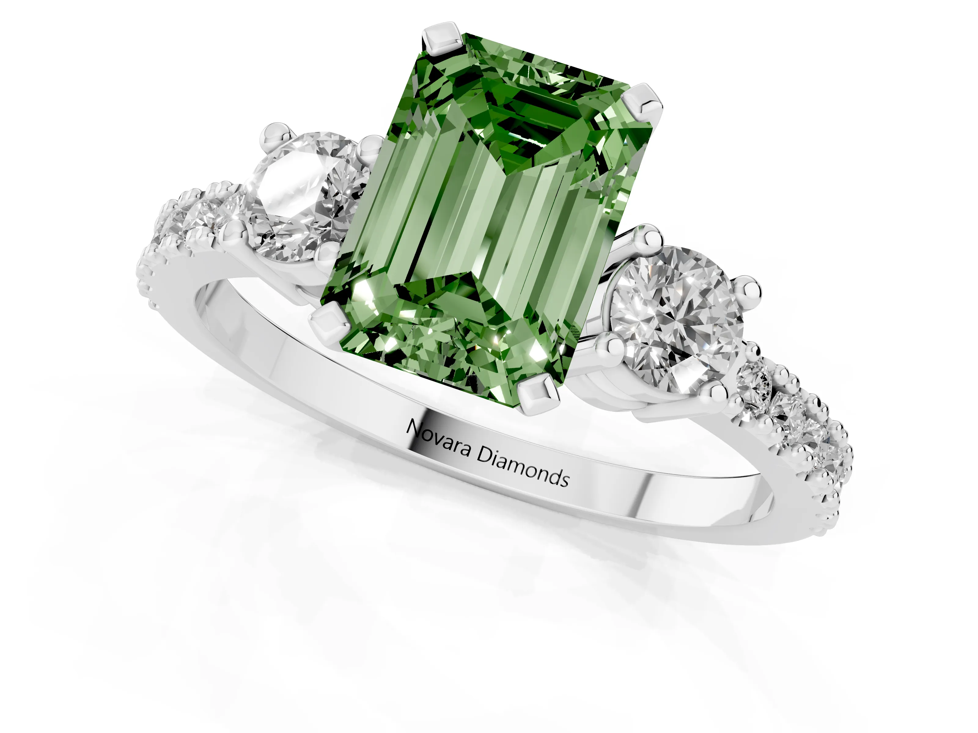 Fancy Green Three-Stone Emerald Cut Diamond Pavé Band Ring Set in White gold with Prong Setting