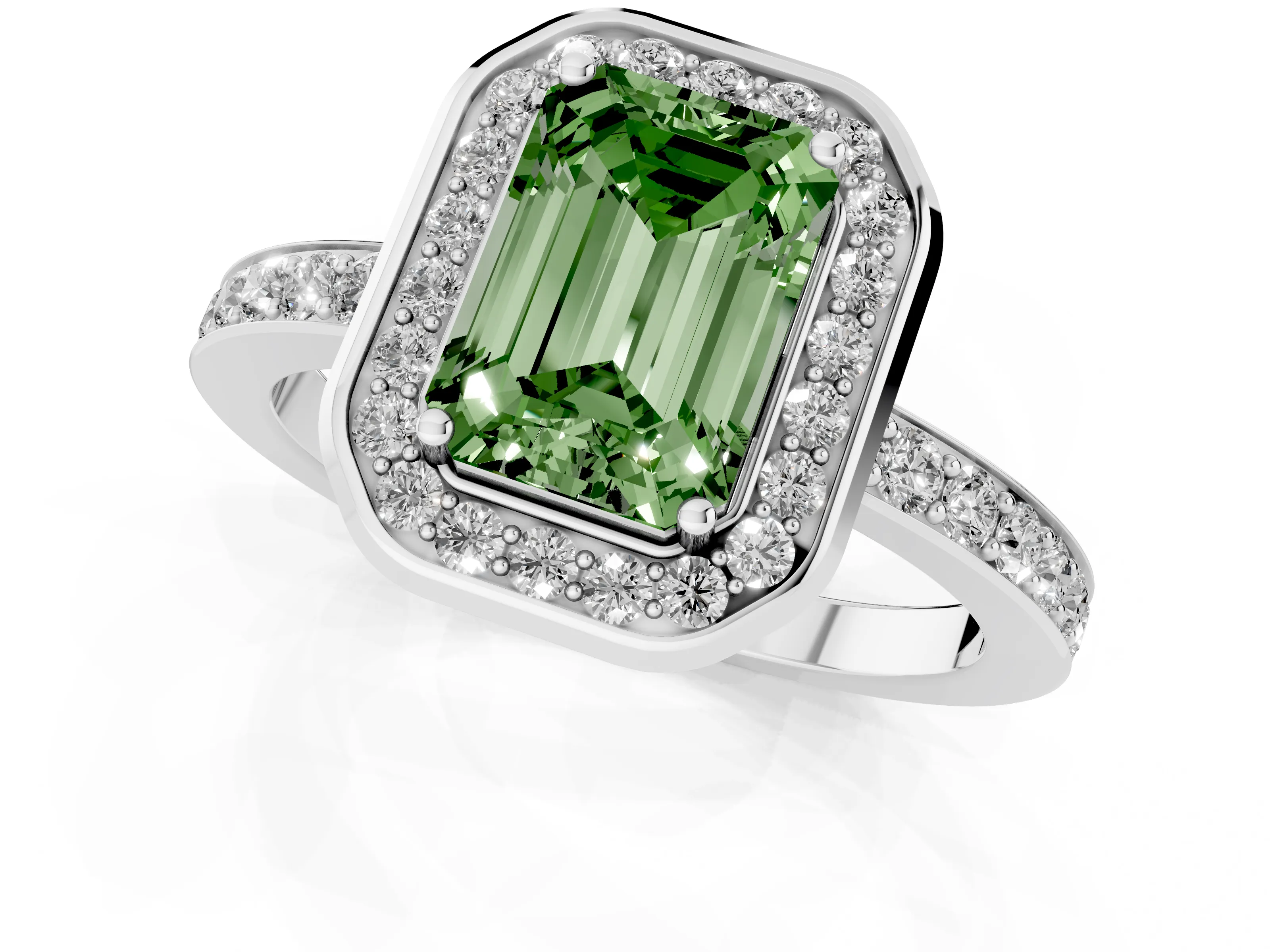 Fancy Green Emerald Cut Diamond Halo Ring Set in White gold with Bezel Frame and Pavé Band