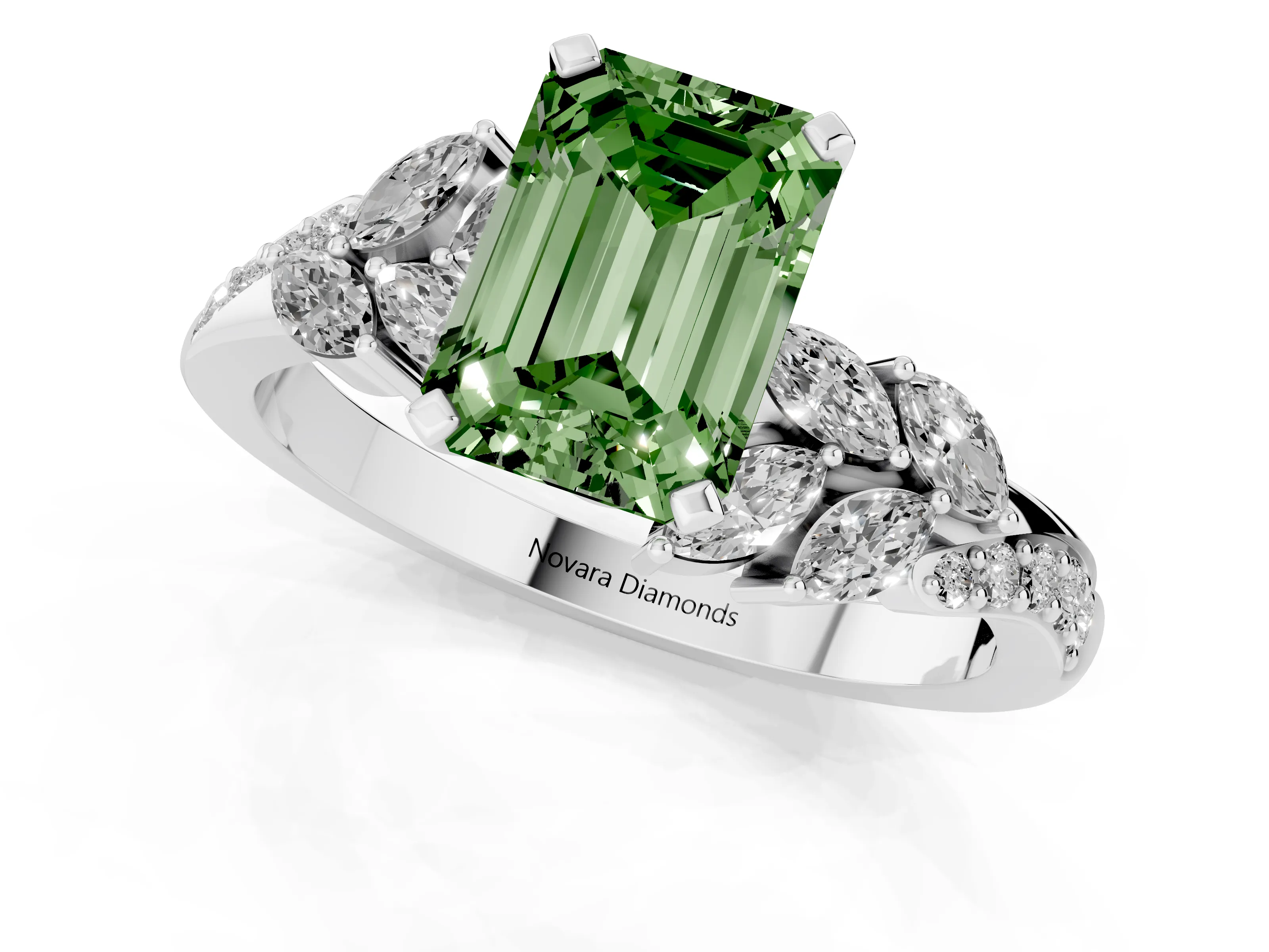Fancy Green Emerald Cut Diamond Solitaire Ring Set in White gold with Marquise Twist Band and Prong Setting