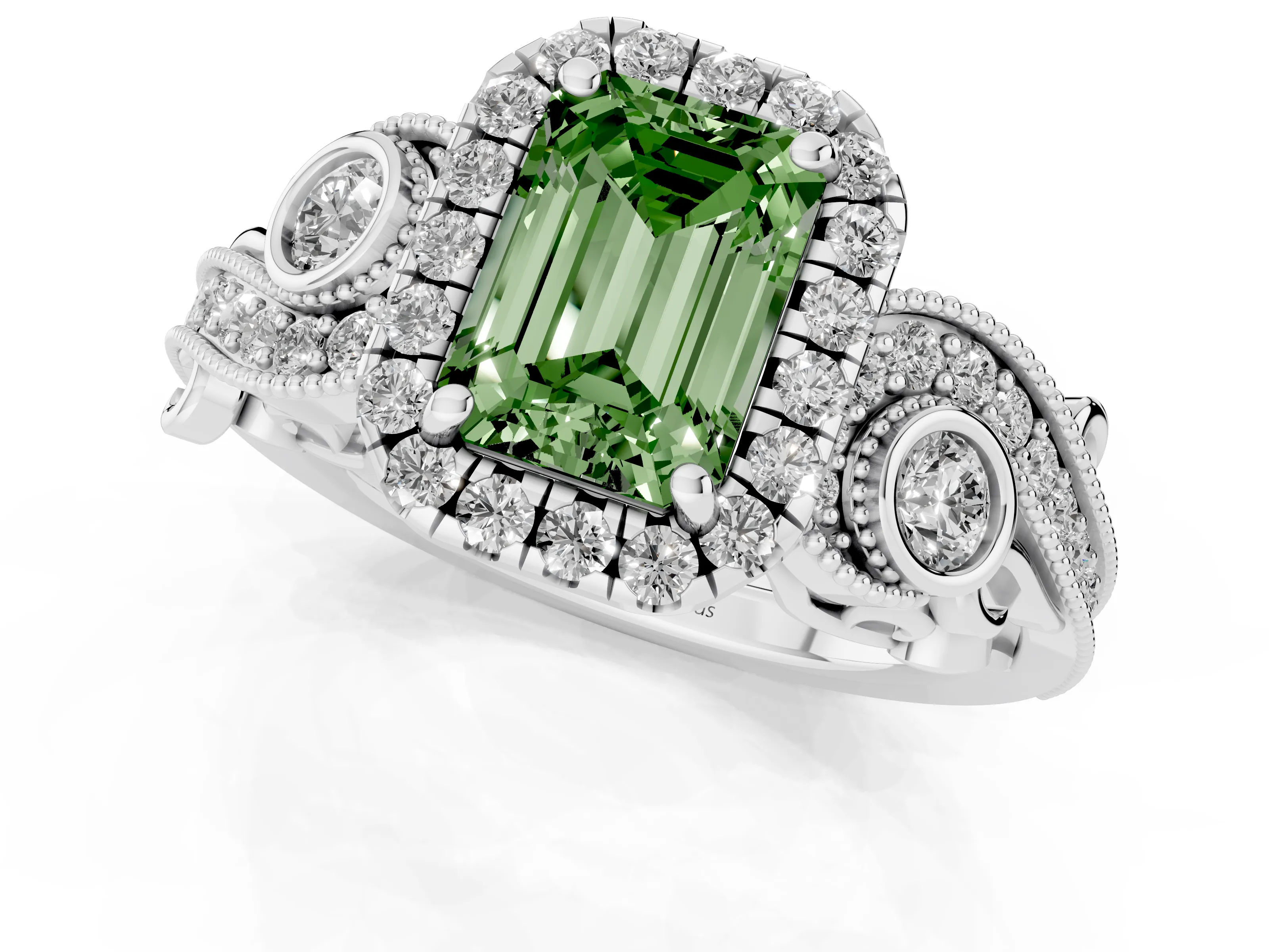 Fancy Green Emerald Cut Diamond Halo Ring Set in Silver with Milgrain Pavé Band and Prong Setting