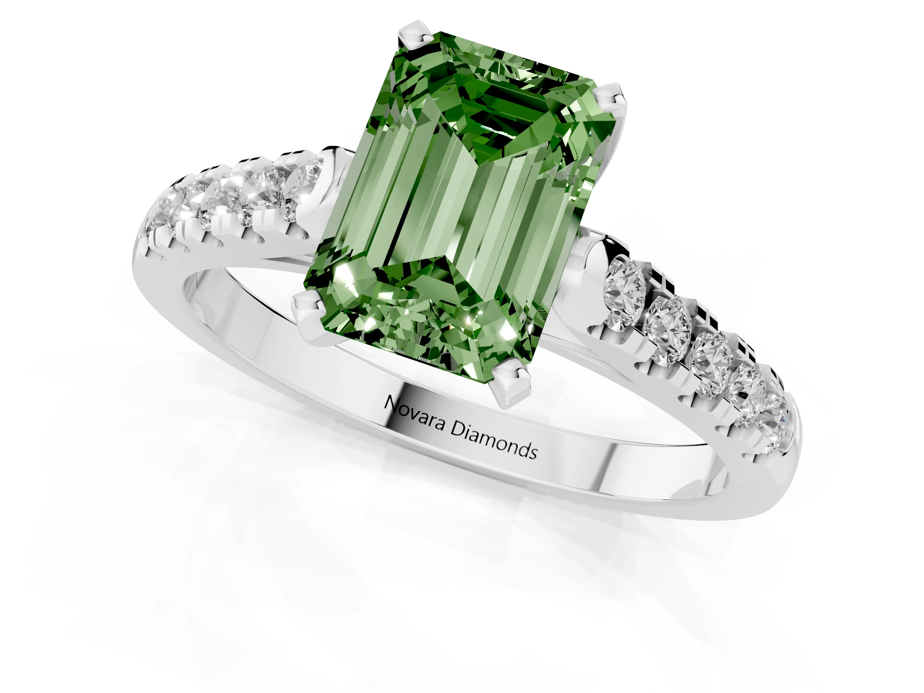 Fancy Green Emerald Cut Diamond Pavé Band Solitaire Ring Set in White gold with Partway Accent Stones and Prong Setting