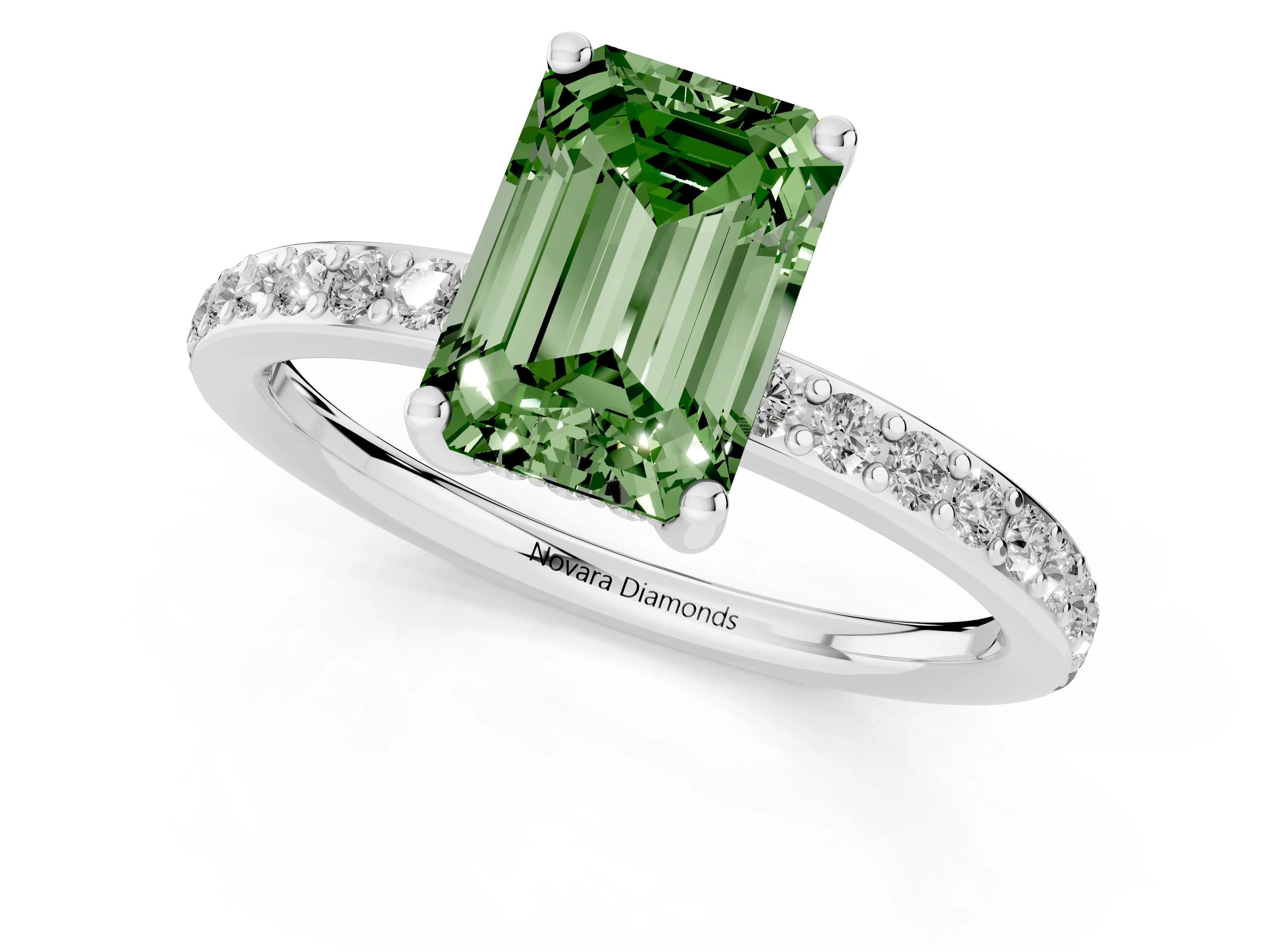 Fancy Green Emerald Cut Diamond Pavé Band Ring Set in Silver with Prong-Set Center Stone