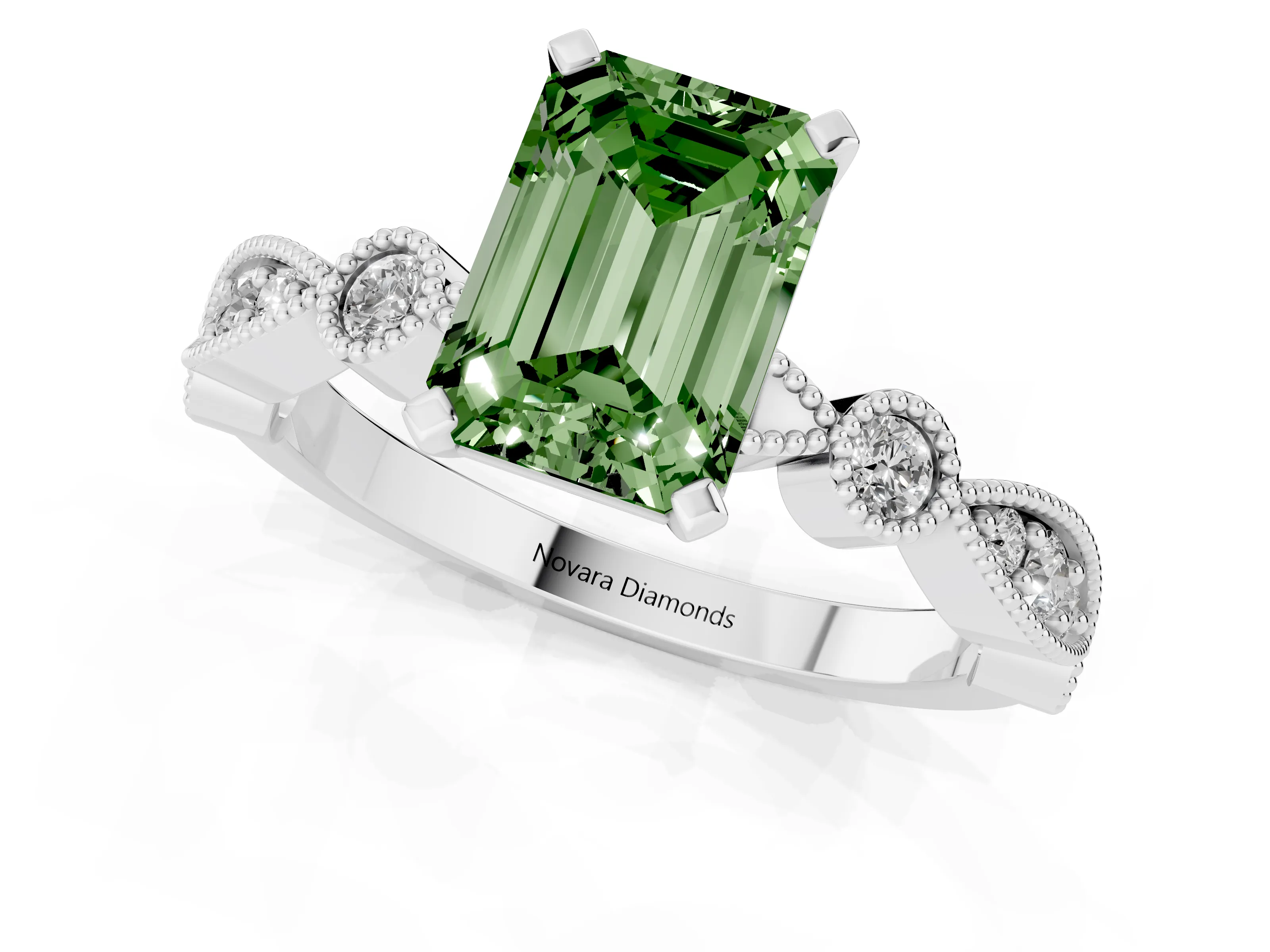 Fancy Green Emerald Cut Diamond Solitaire Engagement Ring Set in Silver with Milgrain Bezel Accent Band
