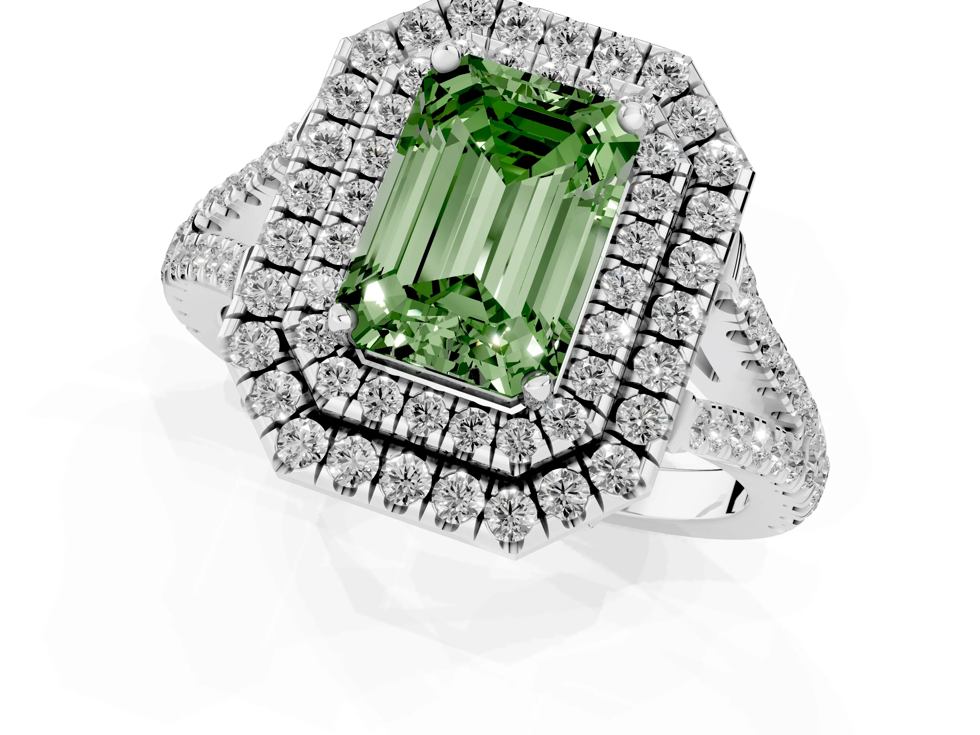 Fancy Green Emerald Cut Diamond Double Halo Ring Set in Silver with Pavé Band – second view