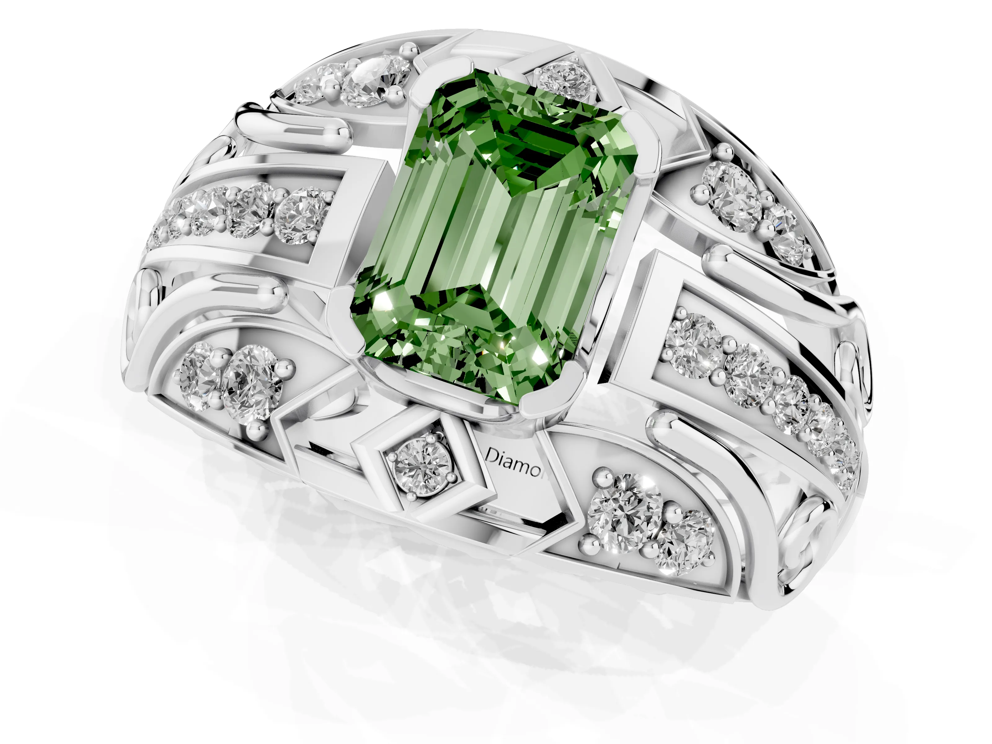 Fancy Green Emerald Cut Diamond Art Deco Ring Set in White gold with Pavé Split Shank – second view