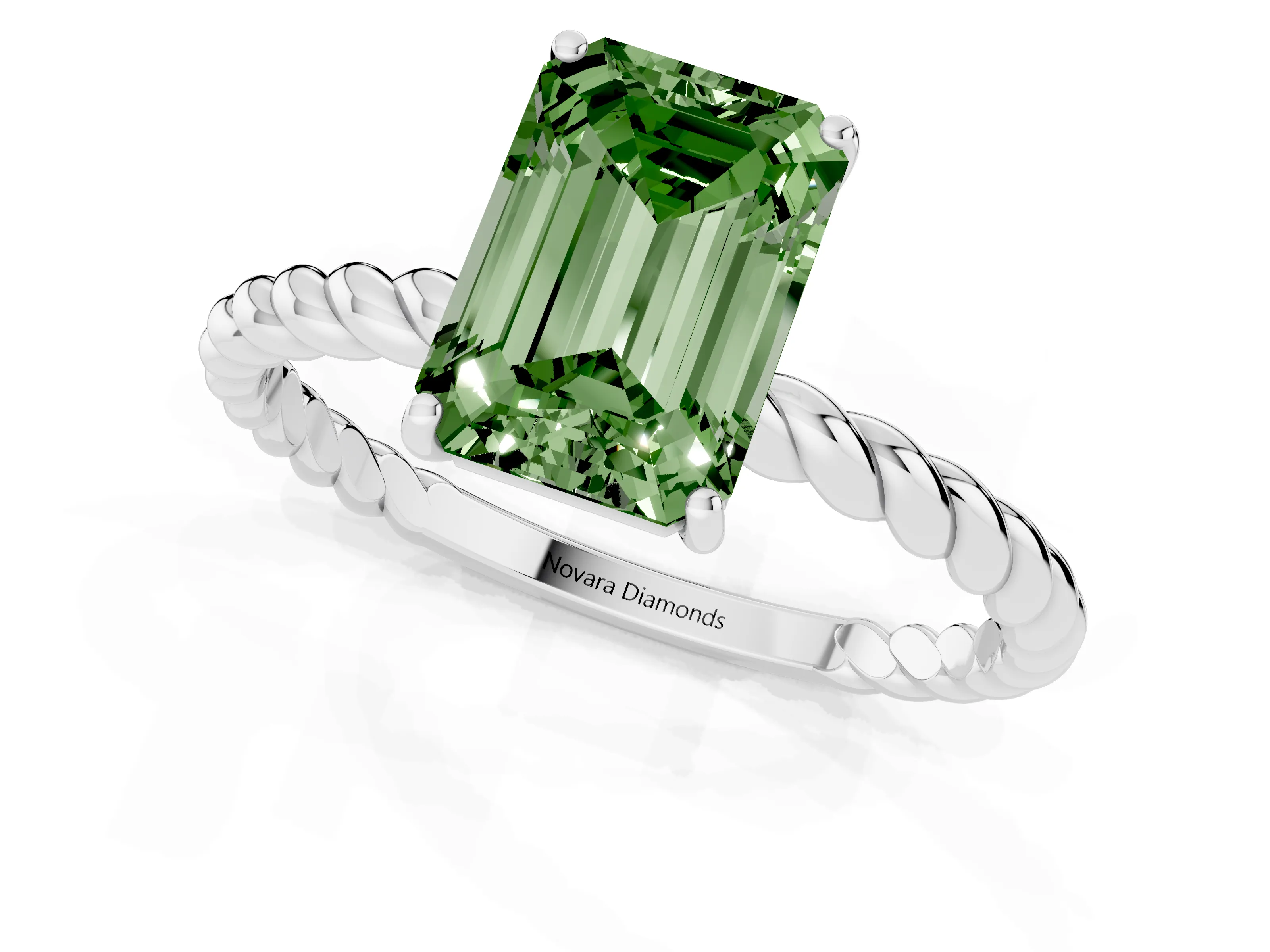 Fancy Green Emerald Cut Diamond Solitaire Ring Set in White gold with Twist Band and Prong Setting