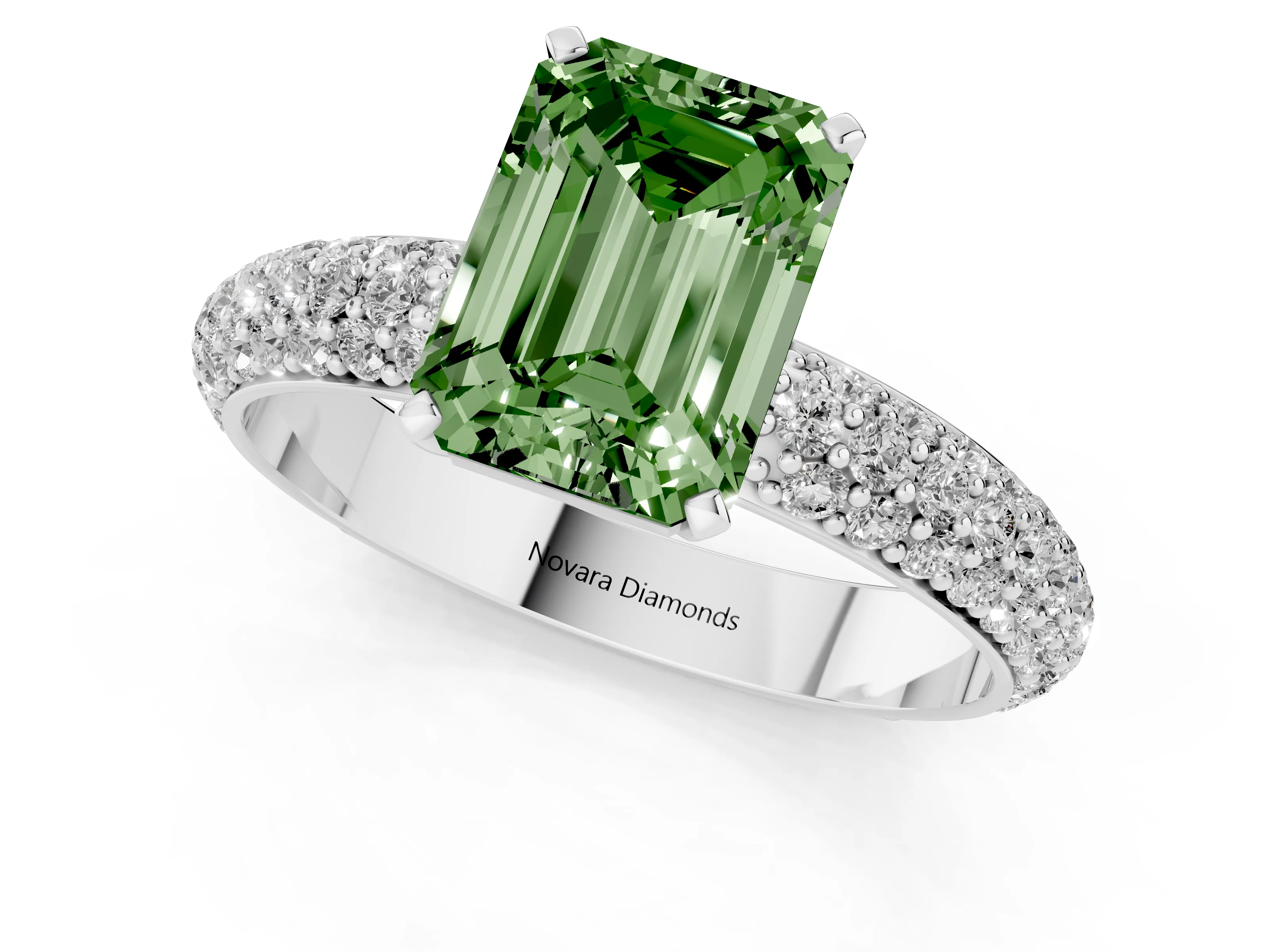 Fancy Green Emerald Cut Diamond Solitaire Ring Set in Platinum with Prong Setting and Pavé-Set Band