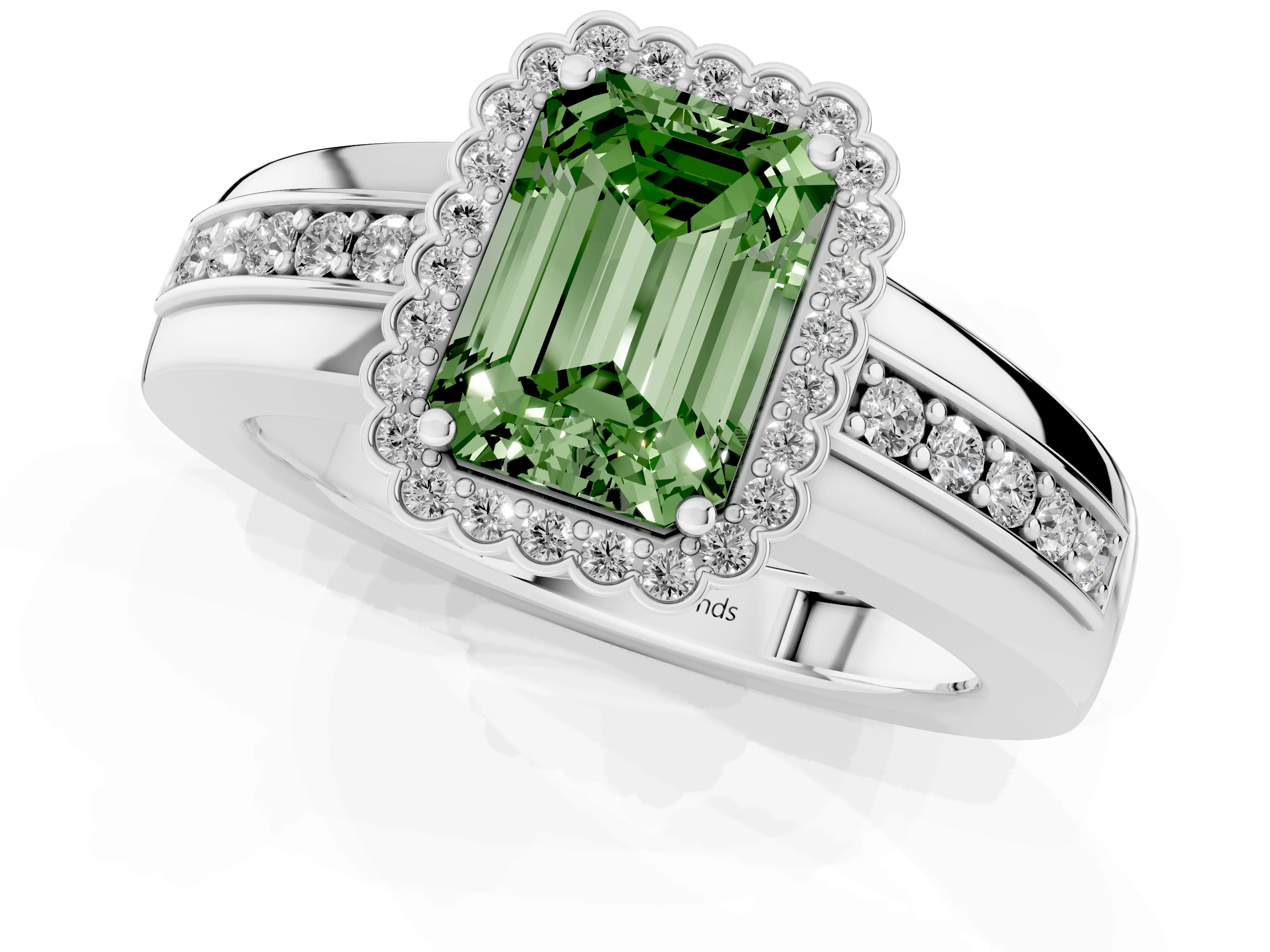 Fancy Green Emerald Cut Diamond Halo Prong Ring Set in Silver with Pavé Band