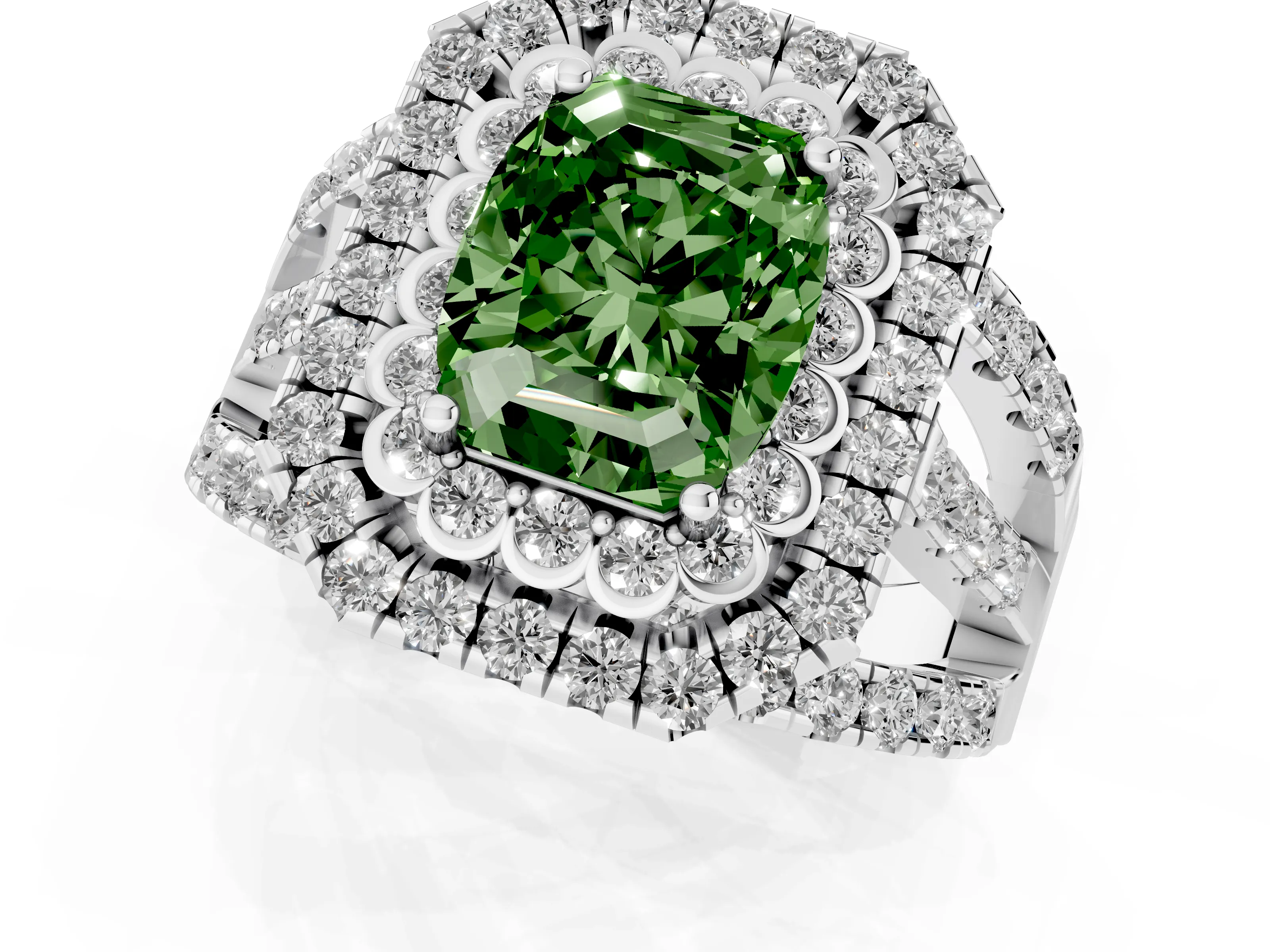 Fancy Green Emerald Cut Diamond Double Halo Ring Set in Silver with Round Pavé Split Shank