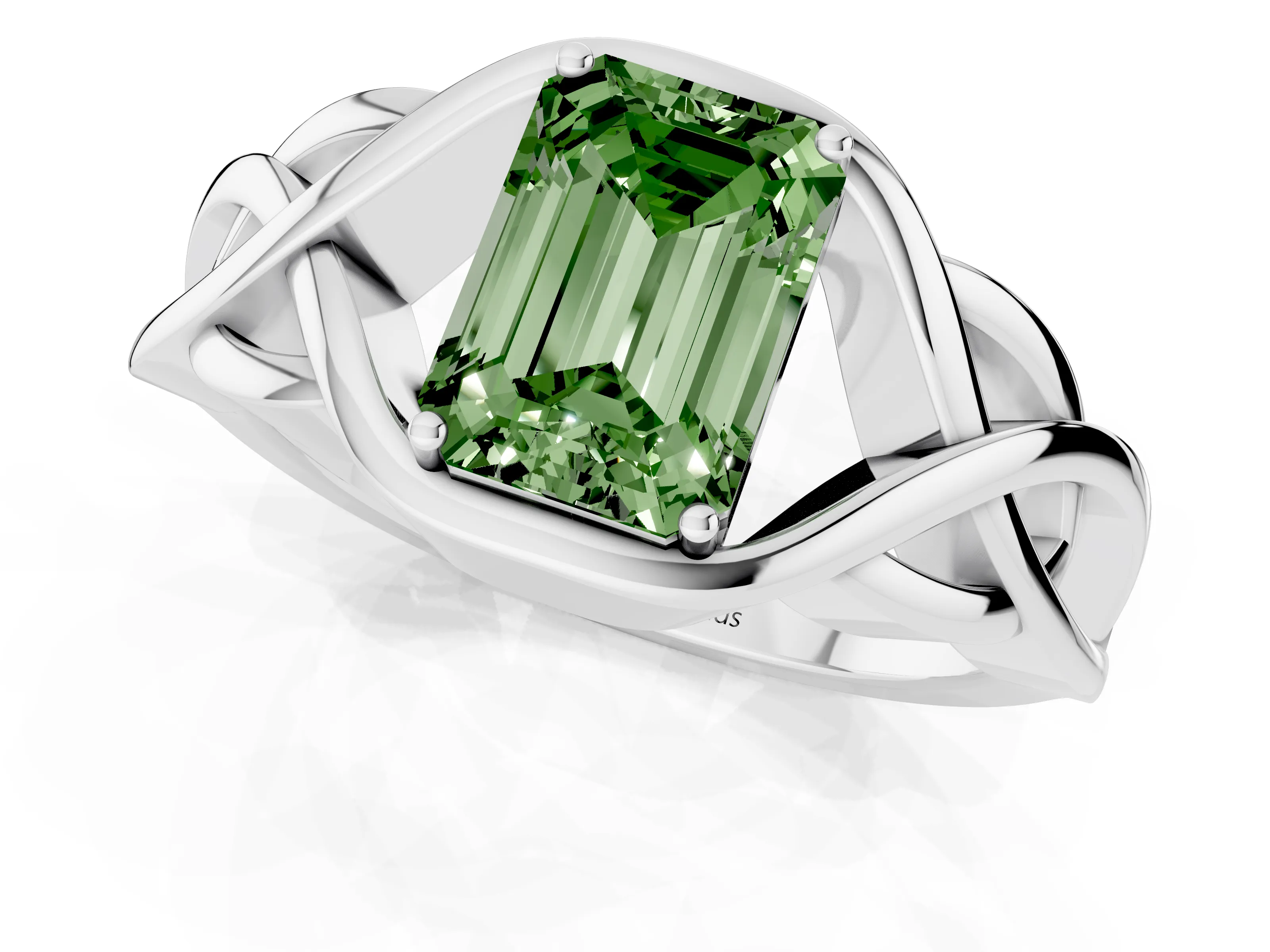 Fancy Green Emerald Cut Diamond Solitaire Ring Set in Platinum with Intertwined Band