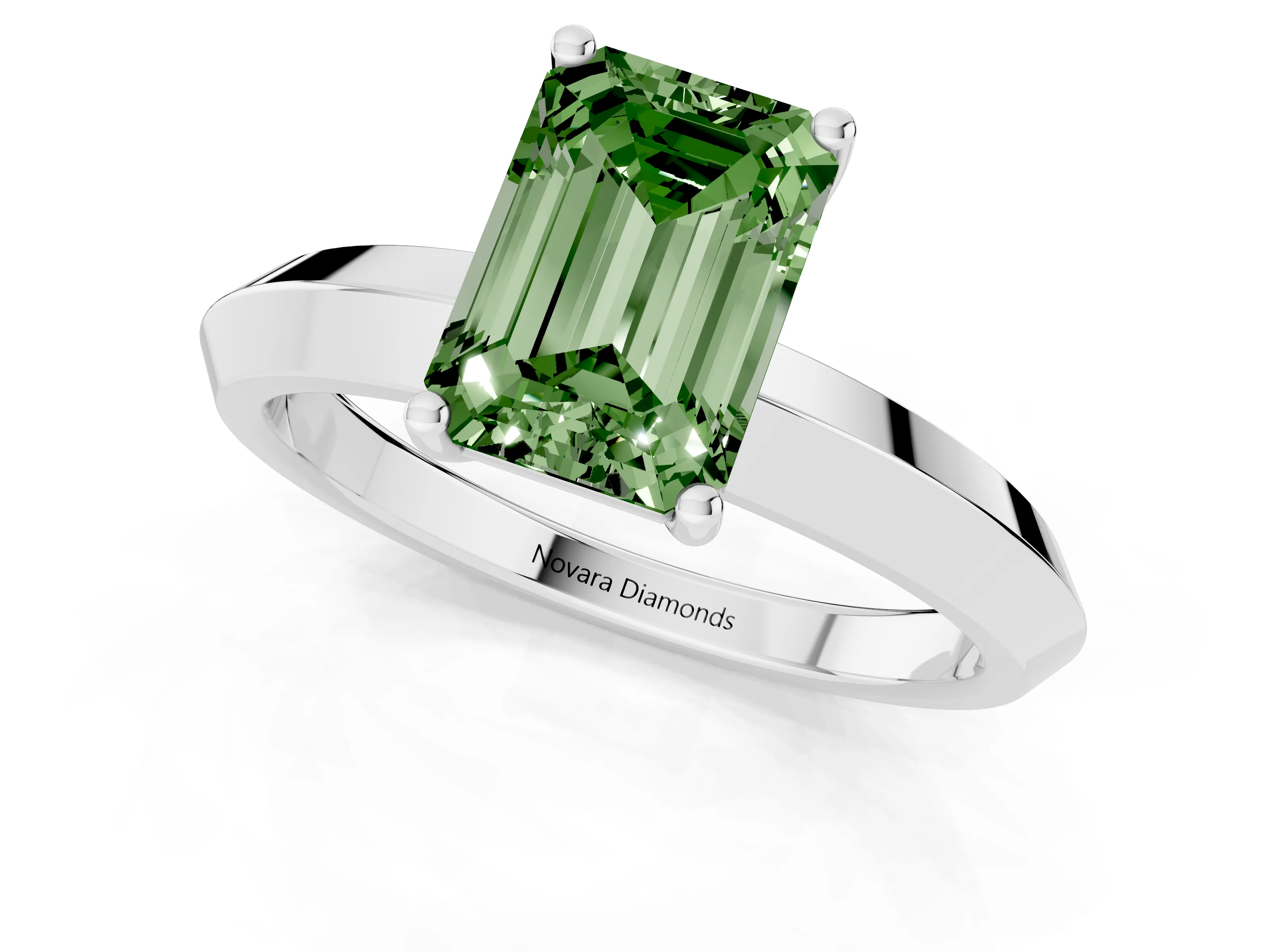 Fancy Green Emerald Cut Diamond Solitaire Engagement Ring Set in White gold with Flat Band and Prong Setting