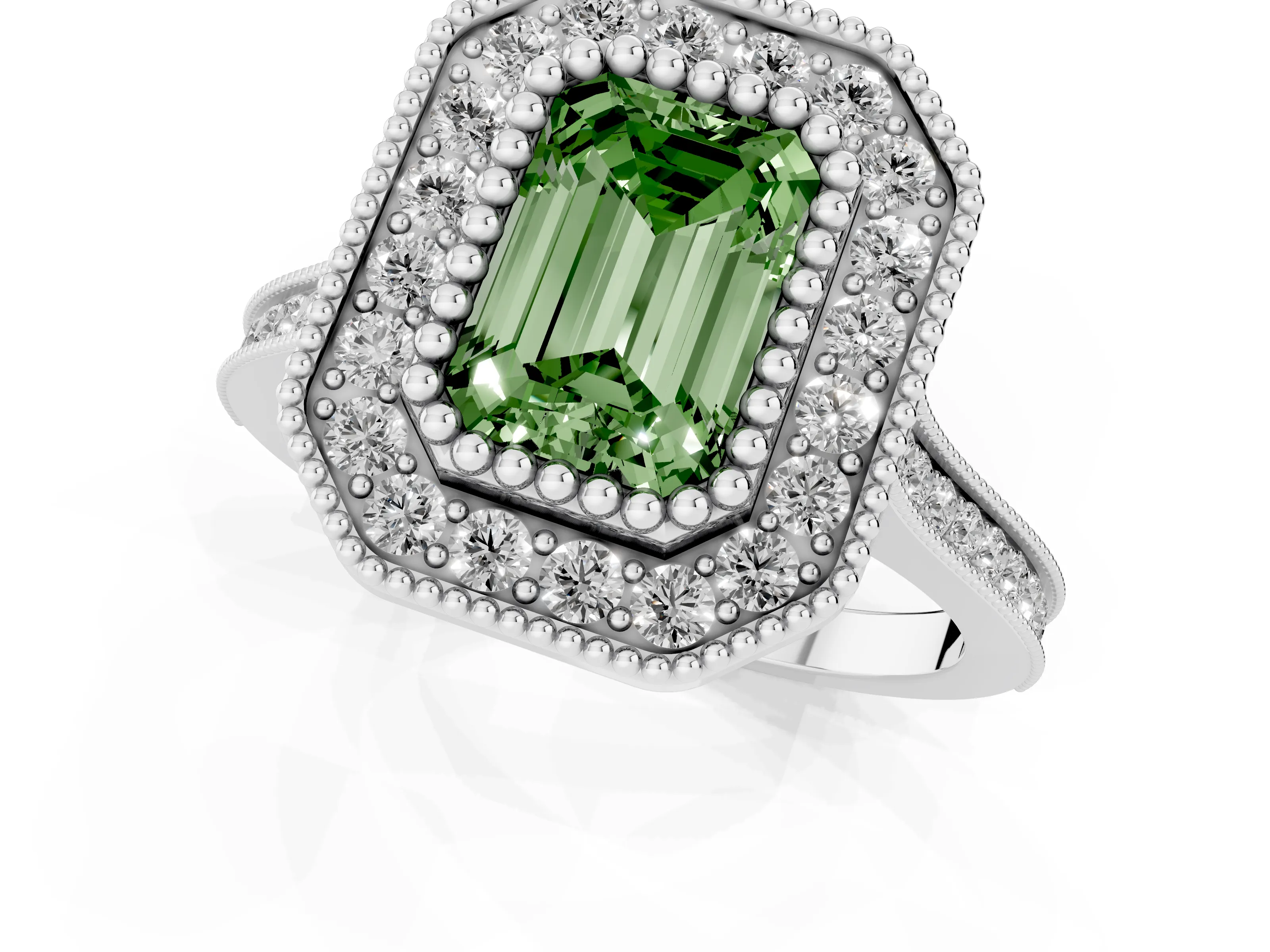 Fancy Green Emerald Cut Diamond Halo Ring Set in White gold with Milgrain Frame and Pavé Band