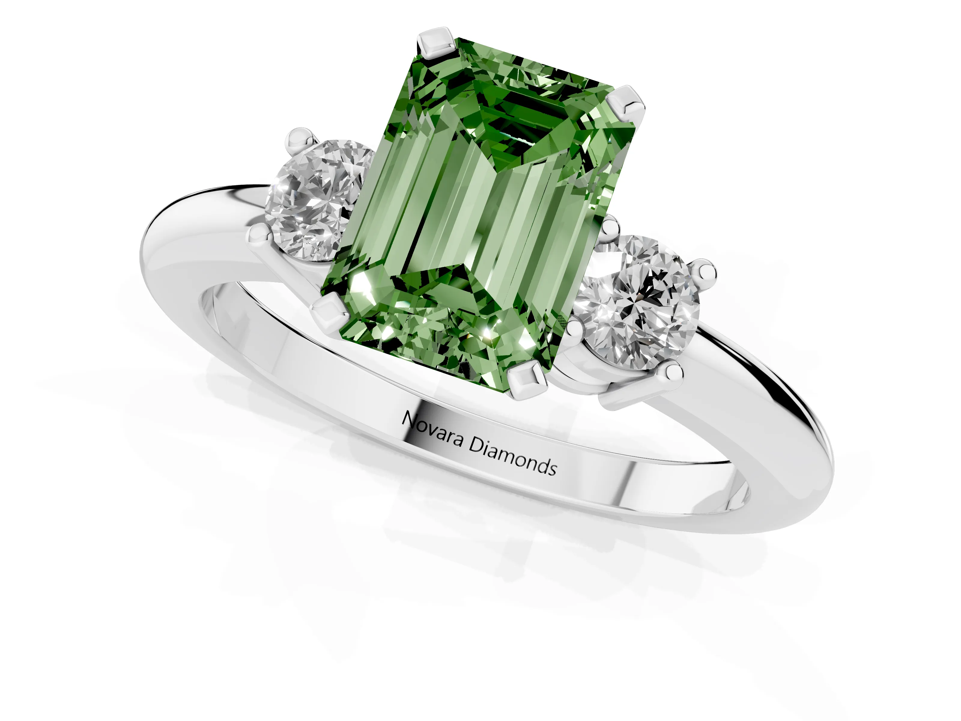 Fancy Green Three-Stone Emerald Cut Diamond Ring Set in Platinum with Prong Setting and Plain Band