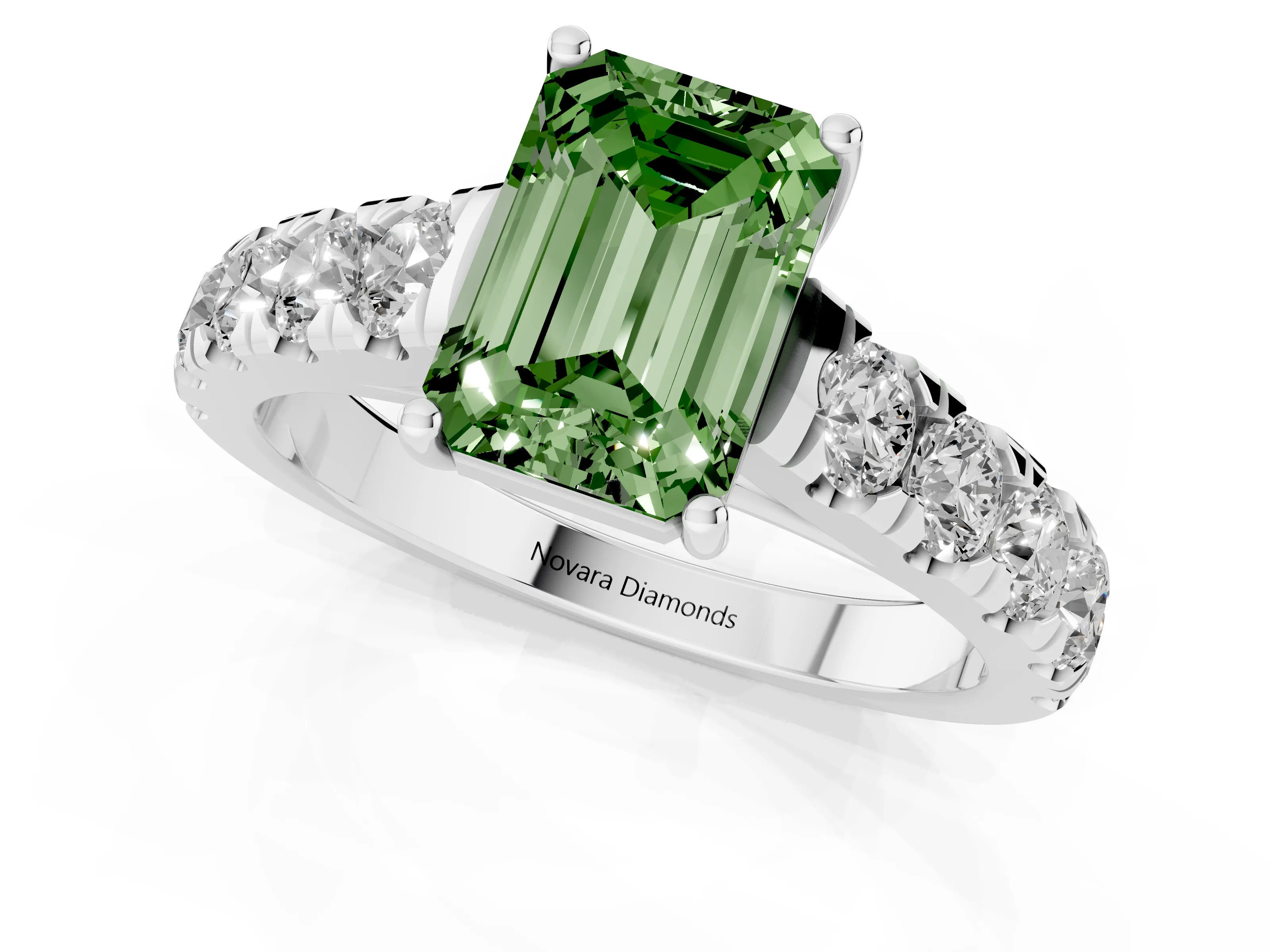 Fancy Green Emerald Cut Diamond Solitaire Ring Set in Silver with Cut-Down Micro Pavé Band and Prong Setting