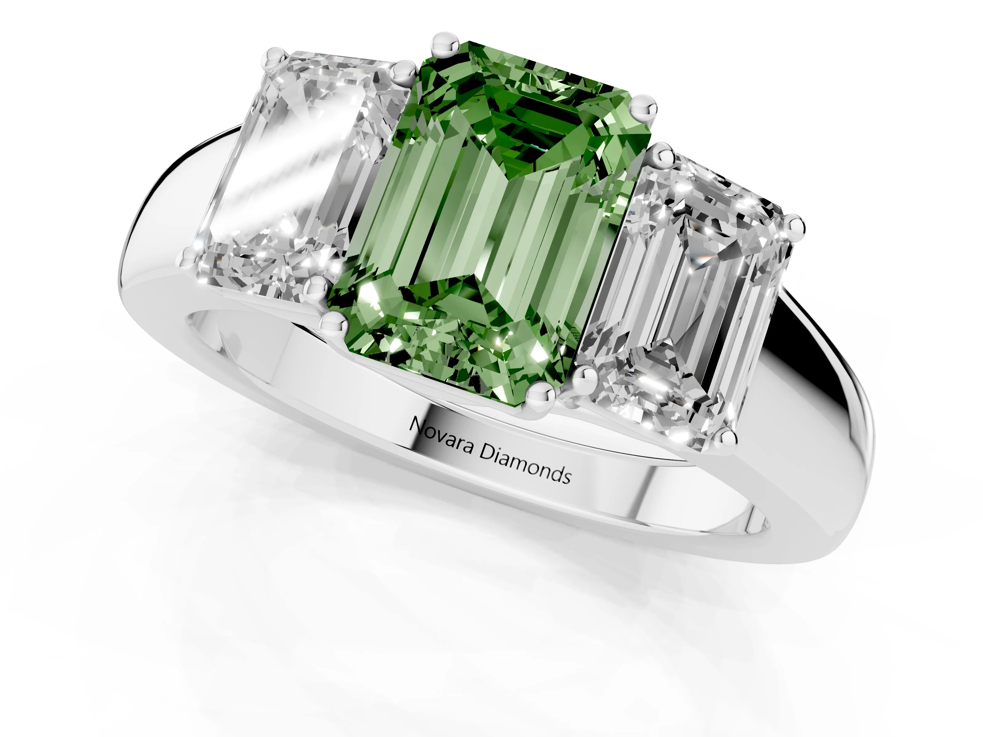 Fancy Green Three-Stone Emerald Cut Diamond Ring Set in Platinum with Matching Prong Settings and Plain Band
