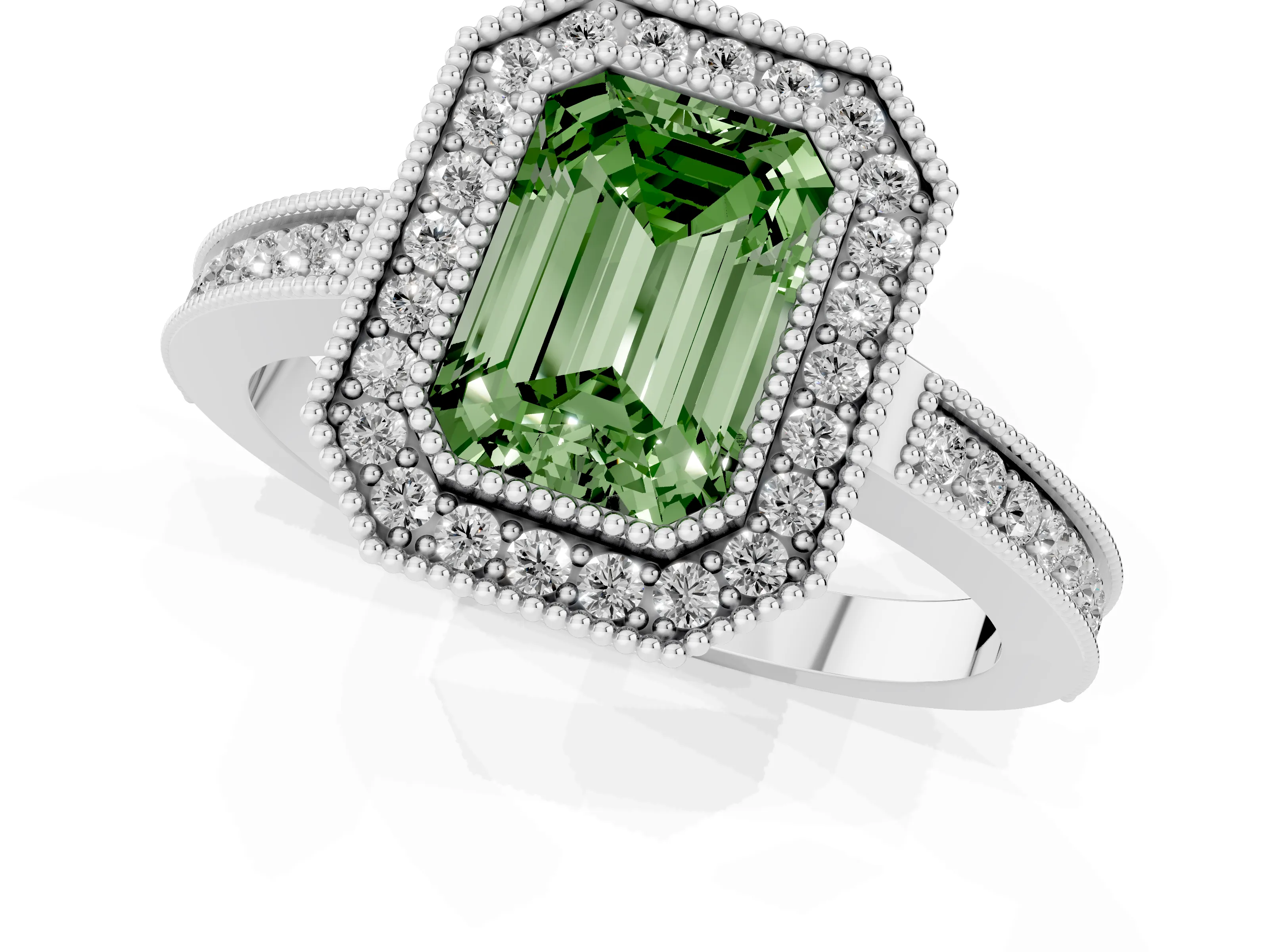 Fancy Green Emerald Cut Diamond Halo Ring Set in White gold with Pavé Band and Milgrain-Edged Prongs