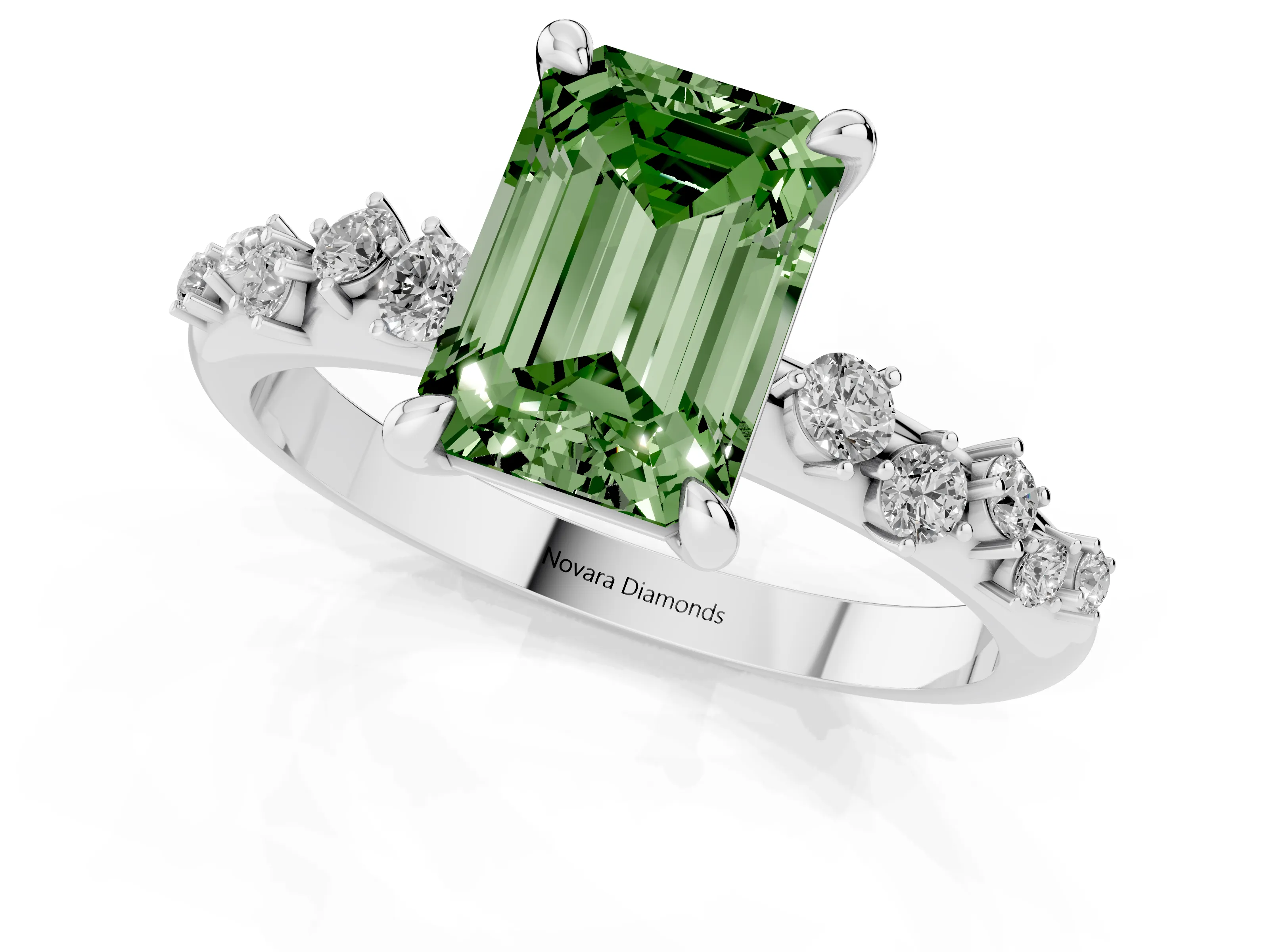 Fancy Green Emerald Cut Diamond Solitaire Vine Band Ring Set in White gold with Round Accents and Prong Setting
