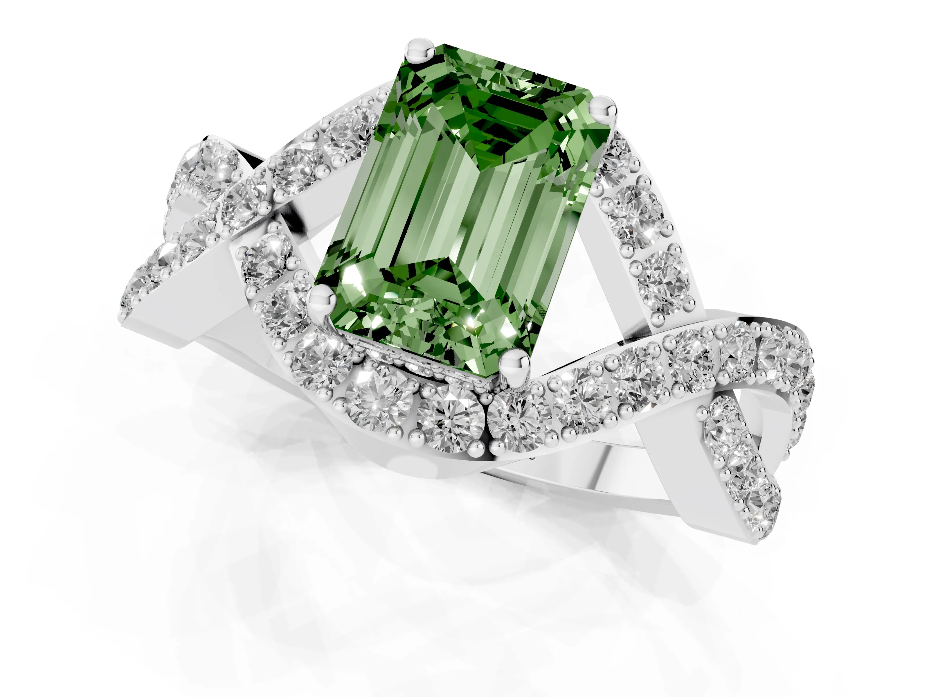 Fancy Green Emerald Cut Diamond Solitaire Twist Band Pavé Engagement Ring Set in White gold