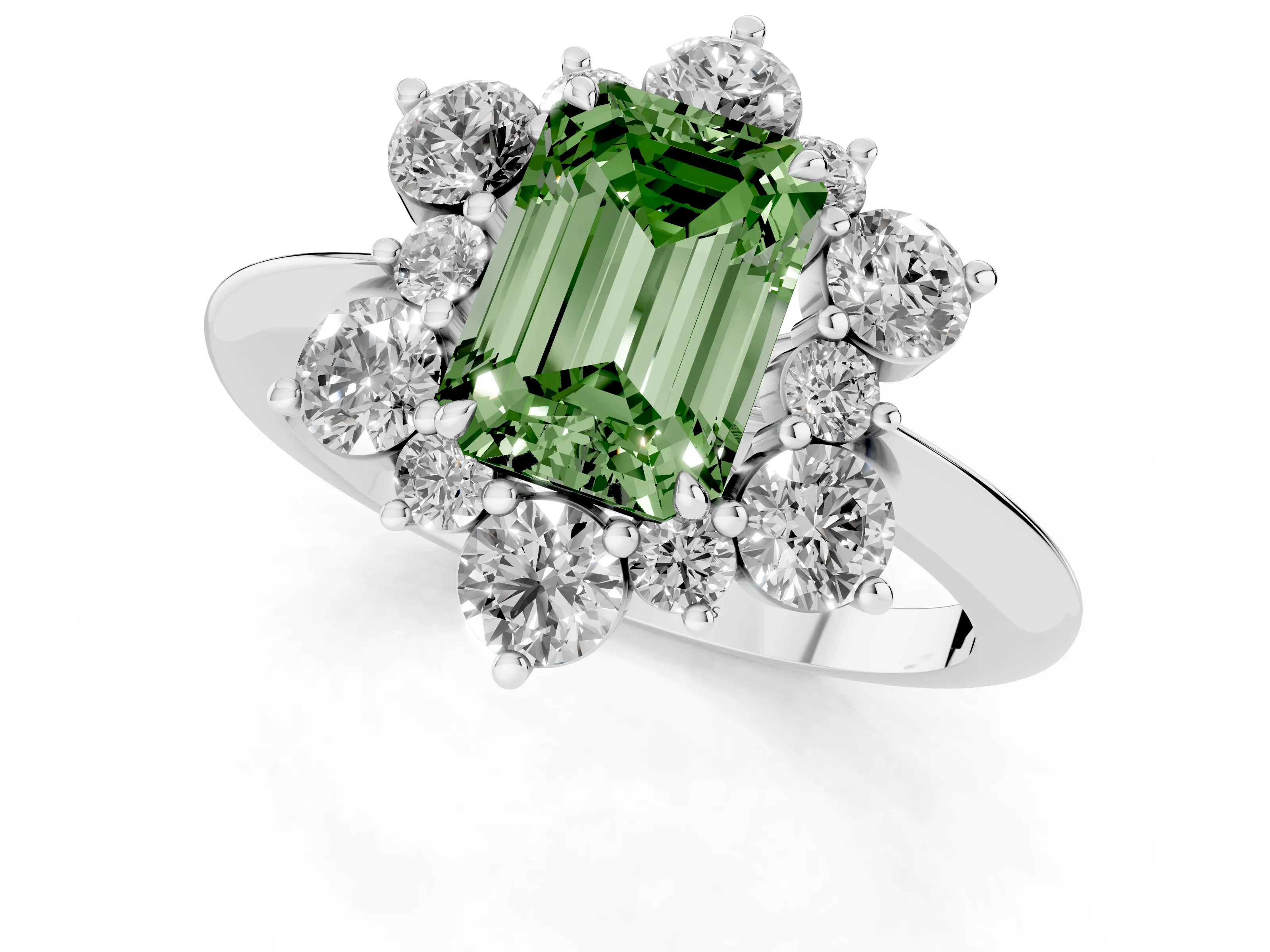Fancy Green Emerald Cut Diamond Cluster Halo Ring Set in White gold with Solitaire Band and Prong Setting