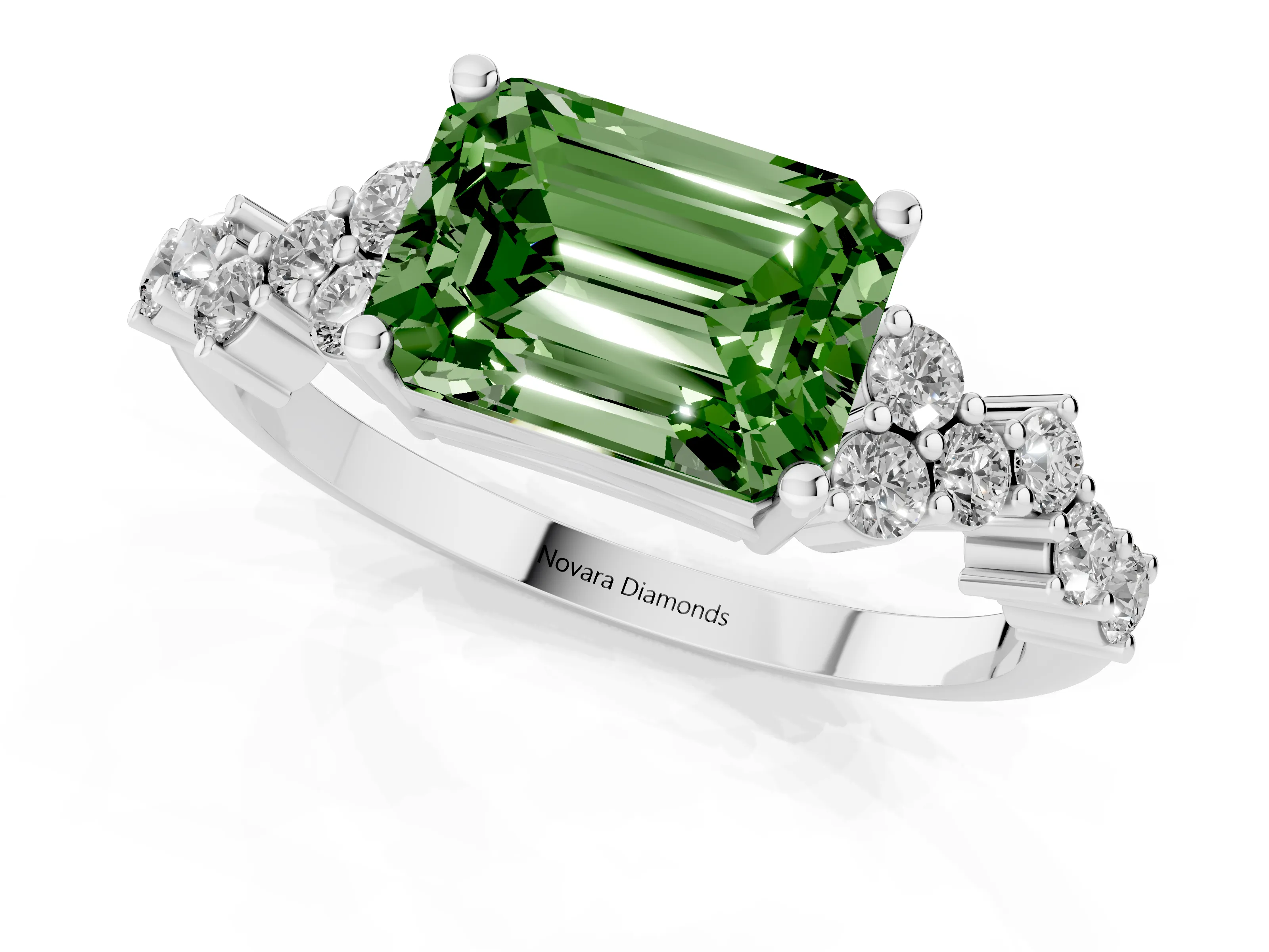 Fancy Green Emerald Cut Diamond Ring Set in Silver with Scattered Round Accents